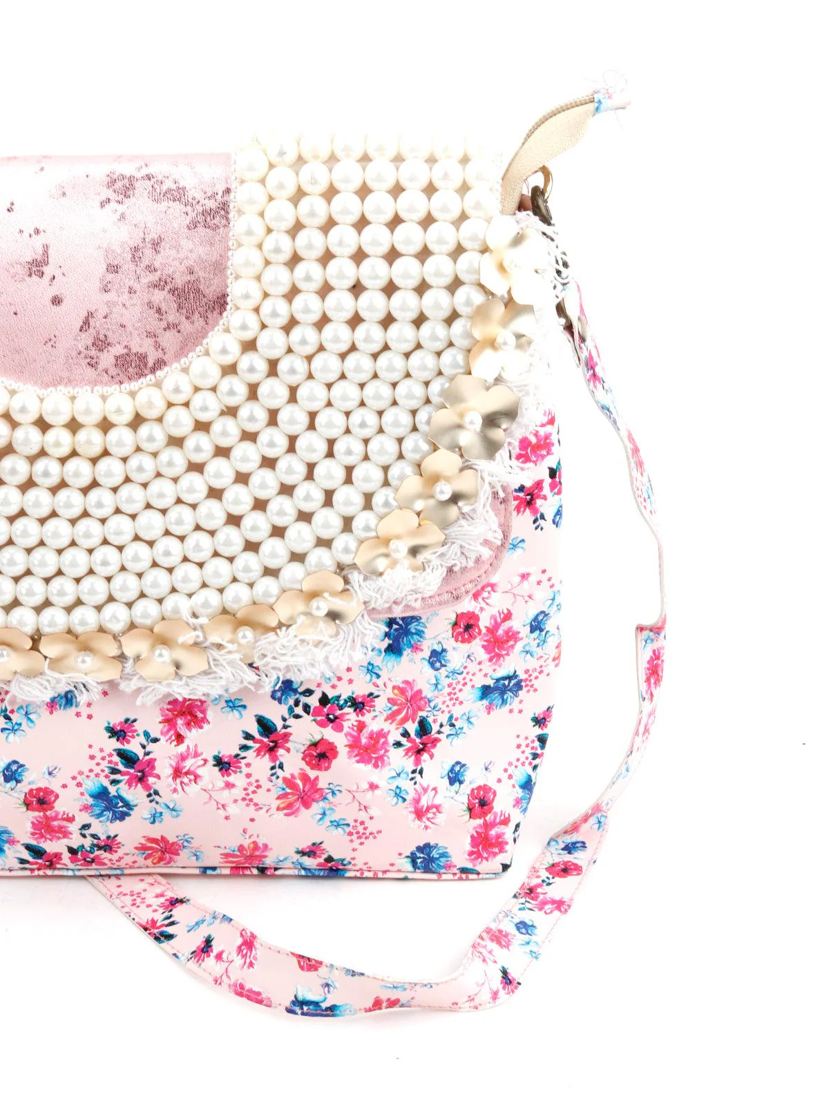 Odette Women Pink Floral Pearl Beaded Handbag - Image 5