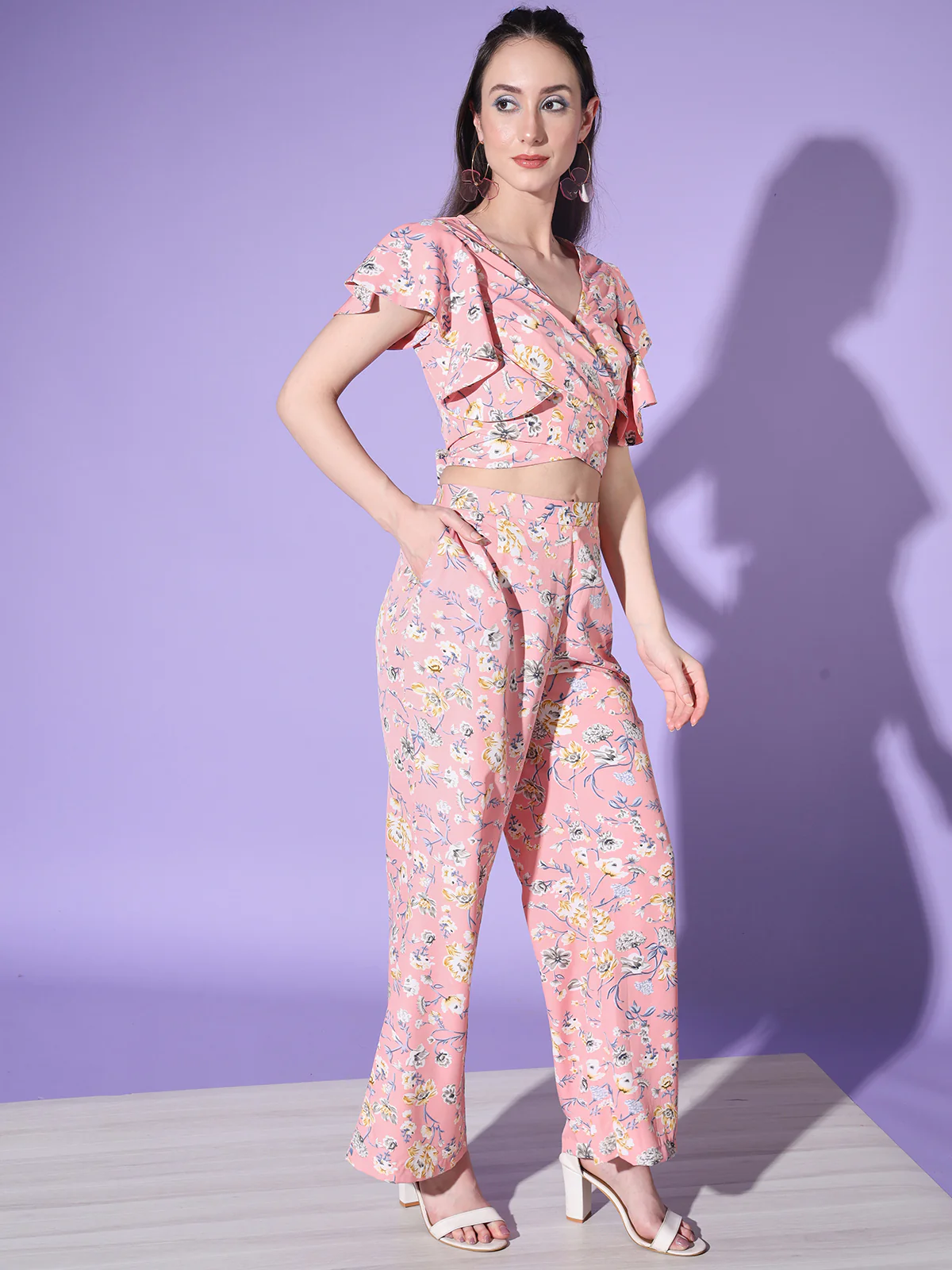 Odette Women Pink Floral Printed Crepe Stitched  Co Ord Set - Image 3