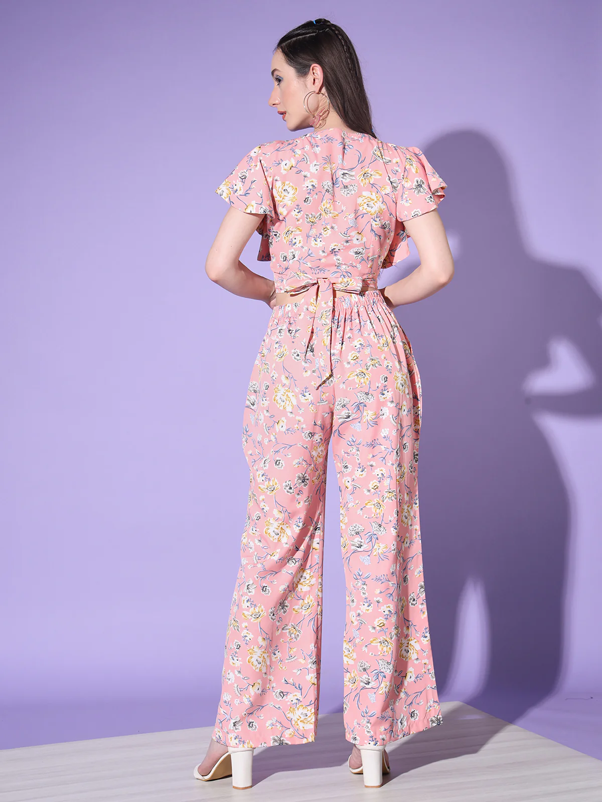 Odette Women Pink Floral Printed Crepe Stitched  Co Ord Set - Image 4
