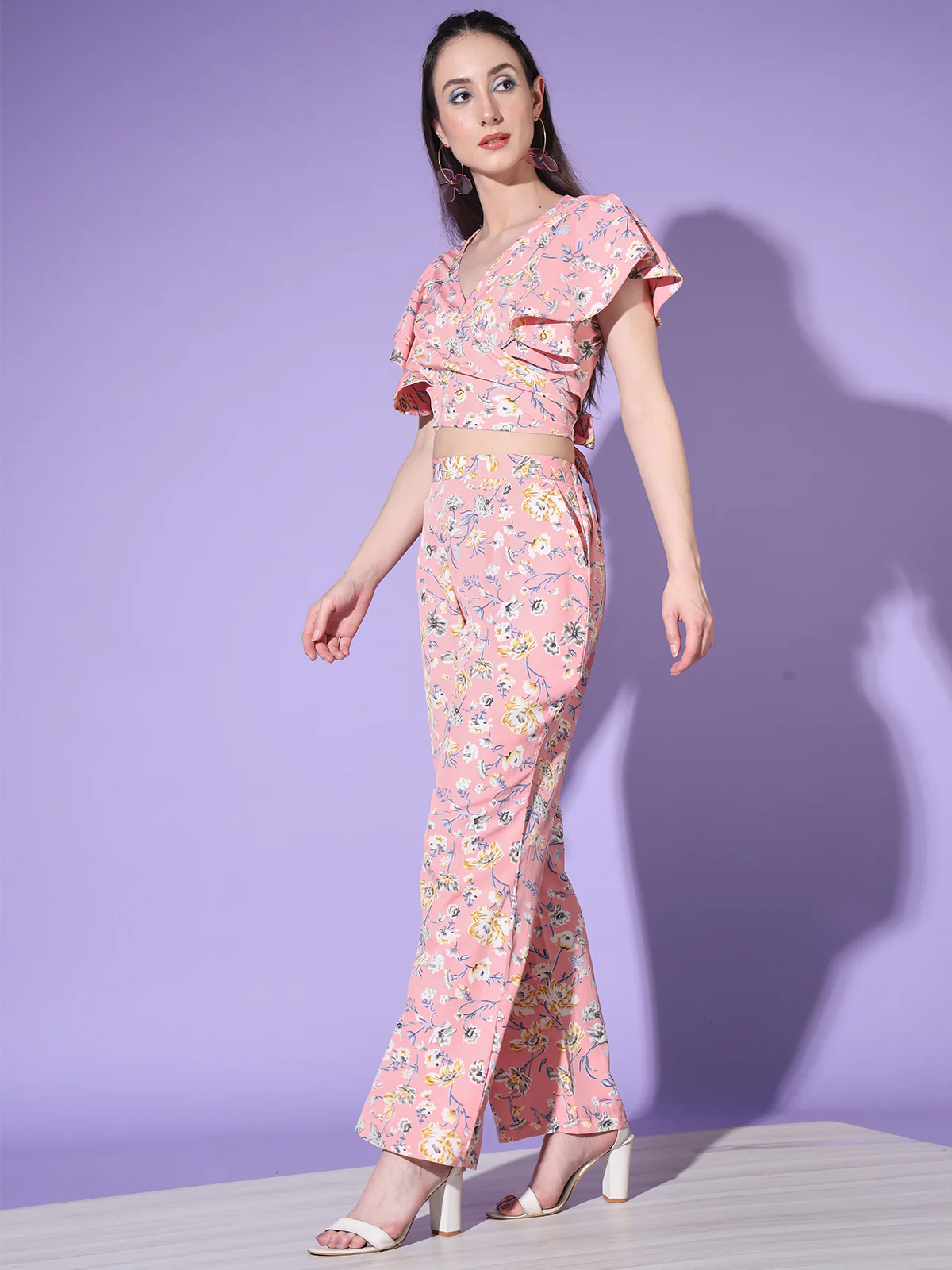 Odette Women Pink Floral Printed Crepe Stitched  Co Ord Set - Image 6