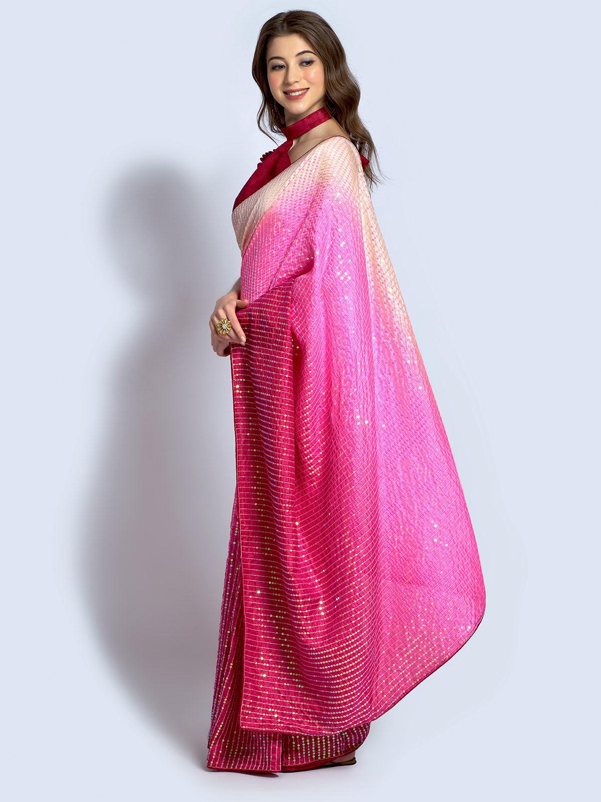 Odette Women Pink Silk Blend Designer Embellished Saree With Unstitched Blouse - Image 3