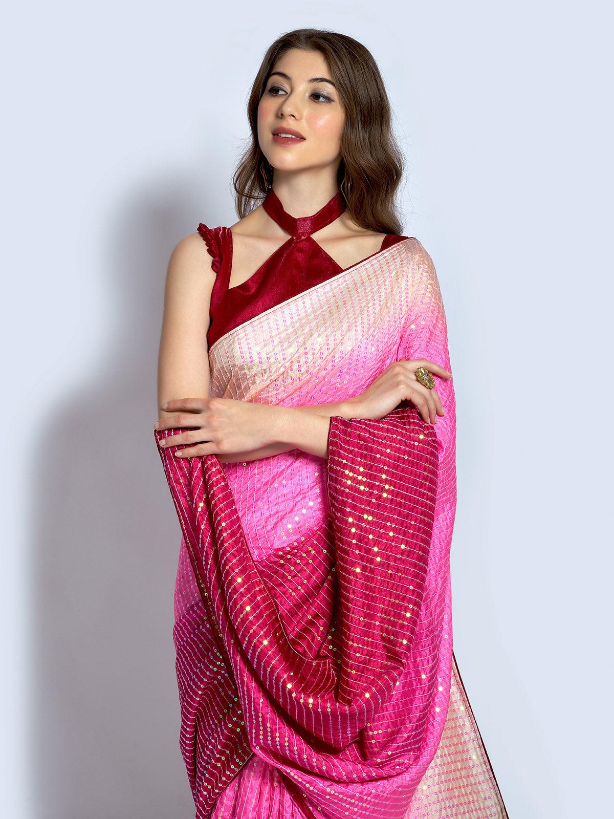 Odette Women Pink Silk Blend Designer Embellished Saree With Unstitched Blouse - Image 4