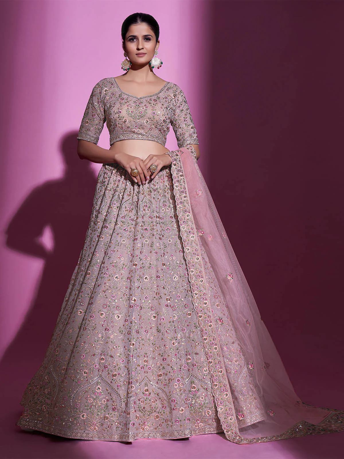Odette Women Peach Georgette Embroidered Semi Stitched Lehenga With Unstitched Blouse - Image 3