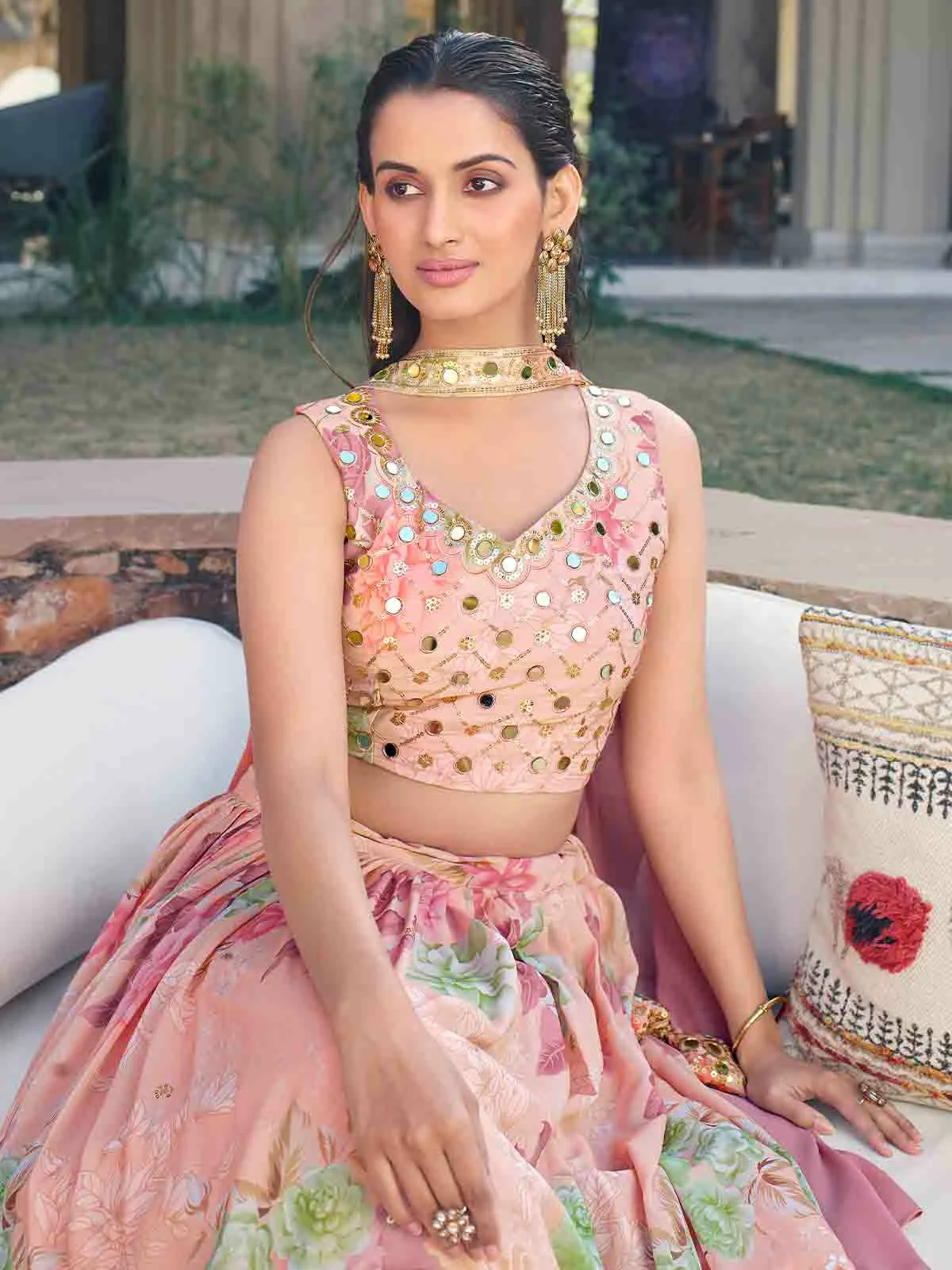 Odette Women Pink Georgette Embroidered Semi Stitched Lehenga With Unstitched Blouse - Image 3