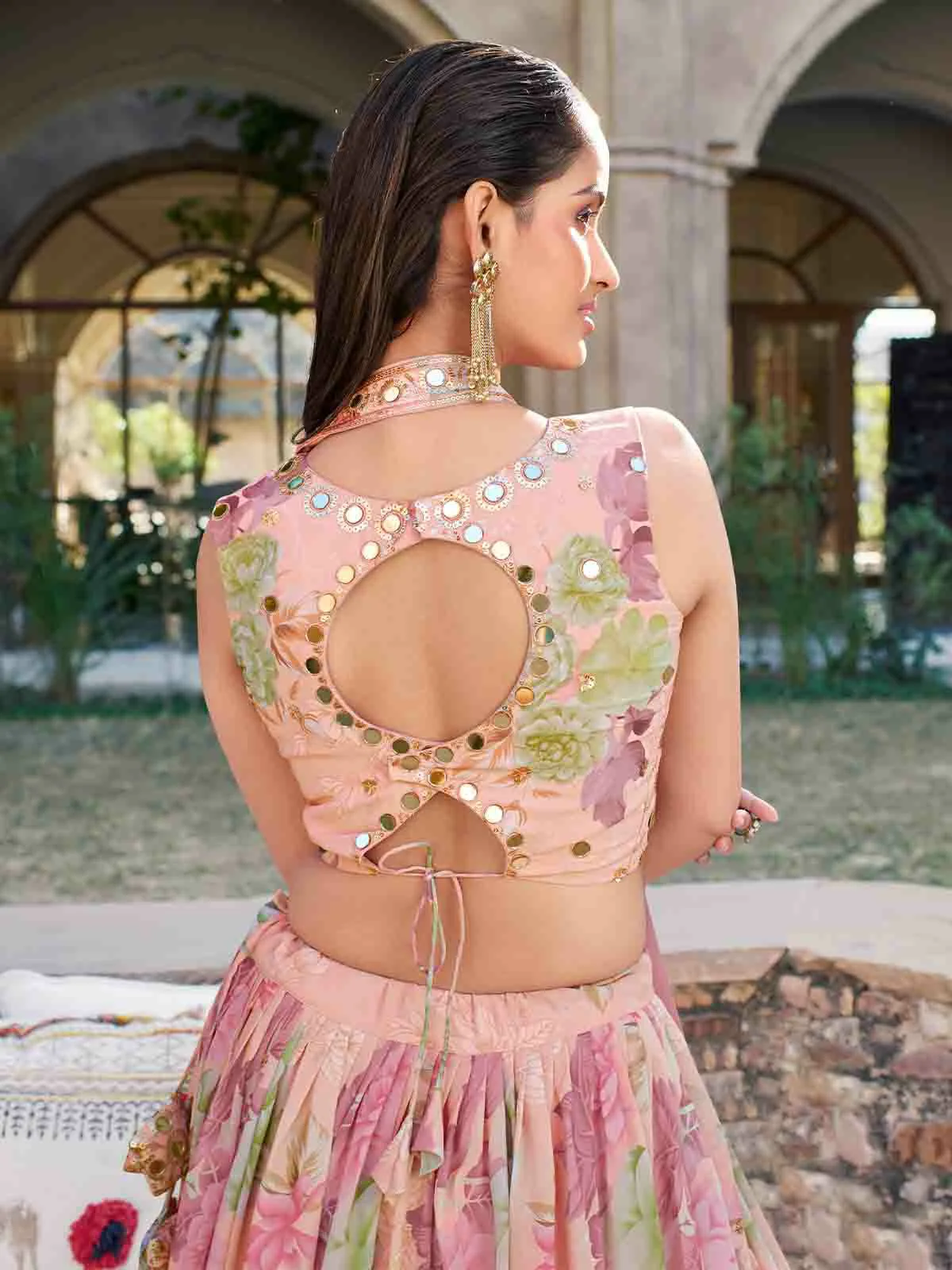 Odette Women Pink Georgette Embroidered Semi Stitched Lehenga With Unstitched Blouse - Image 4