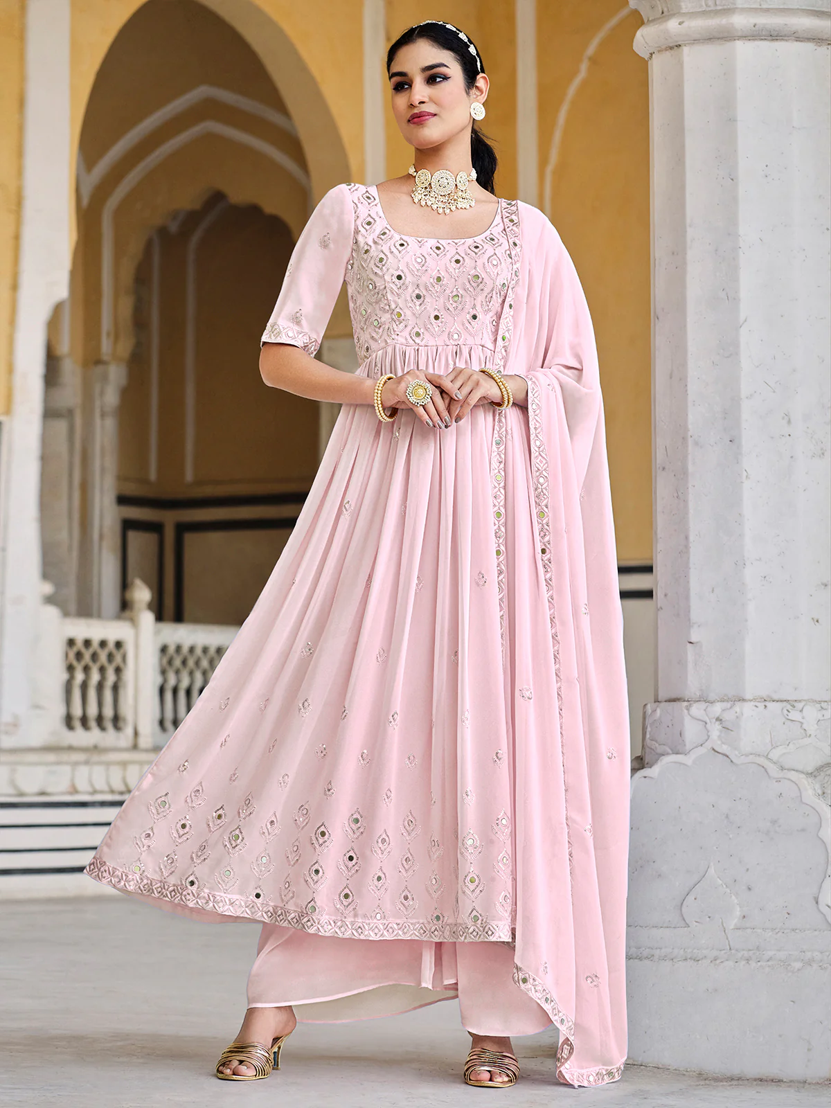 Odette Women Pink Georgette Embroidered Semi Stitched Salwar Suit - Image 2