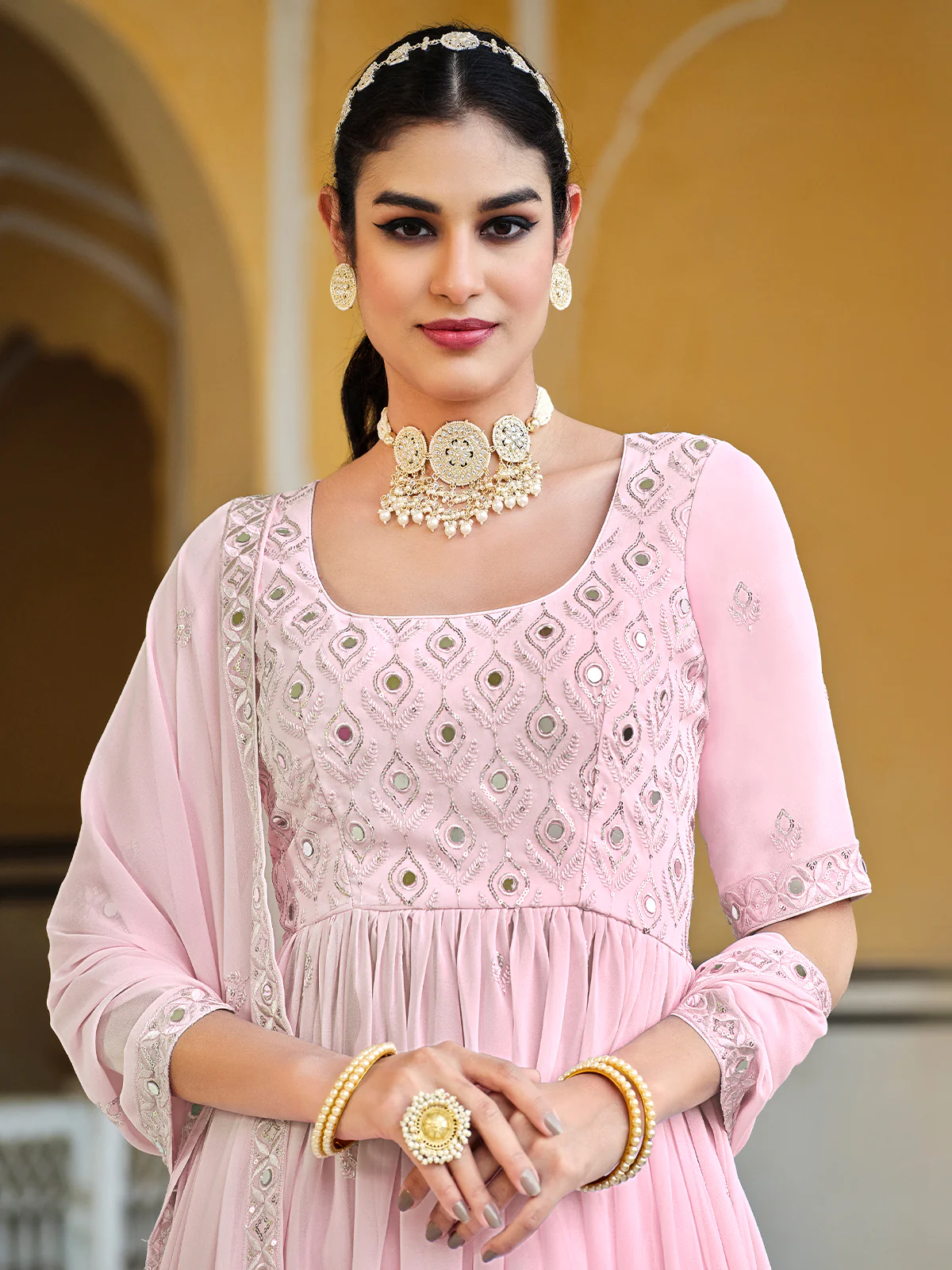 Odette Women Pink Georgette Embroidered Semi Stitched Salwar Suit - Image 3