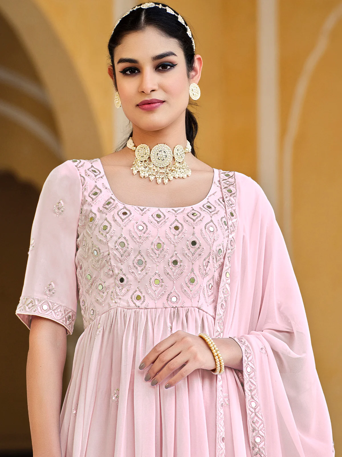 Odette Women Pink Georgette Embroidered Semi Stitched Salwar Suit - Image 4