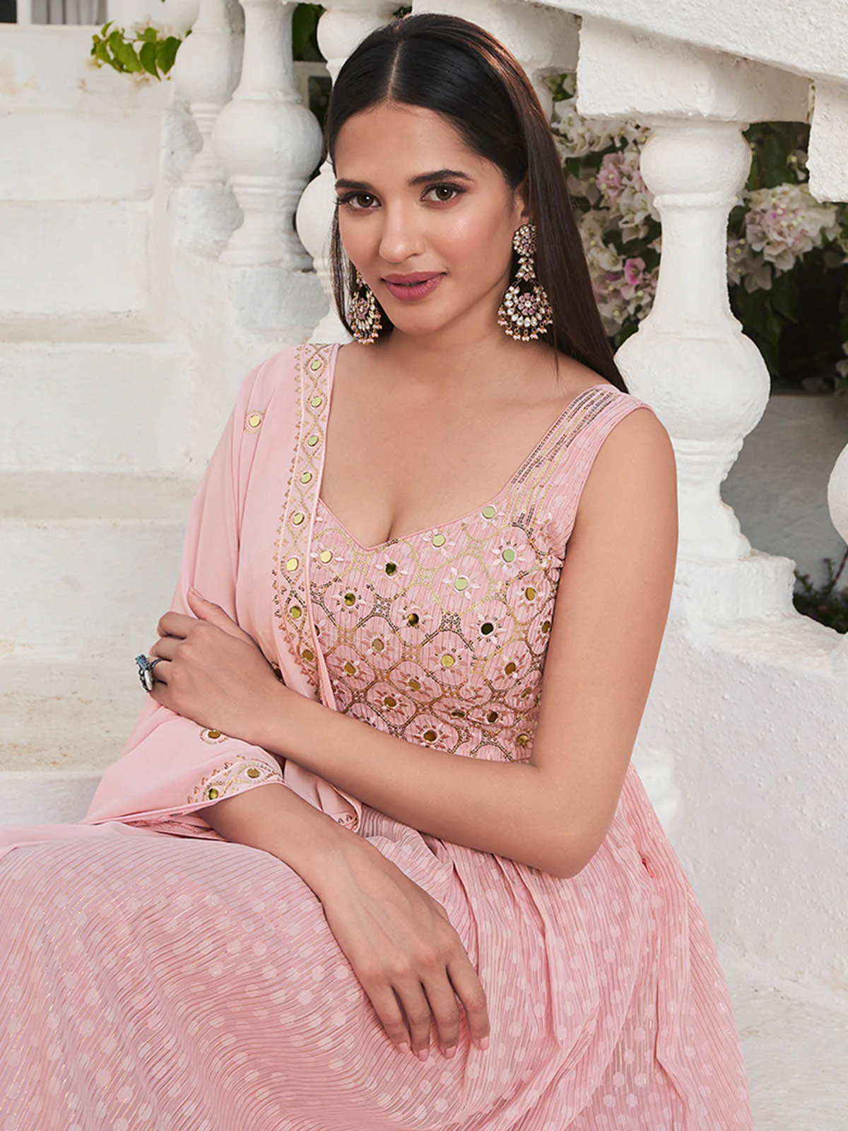 Odette Women Pink Georgette Embroidered Stitched  Salwar Suit - Image 3