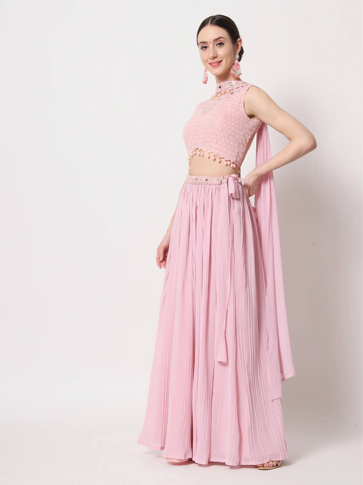 Odette Women Pink Georgette Semi Stitched Lehenga With Unstitched Blouse - Image 3