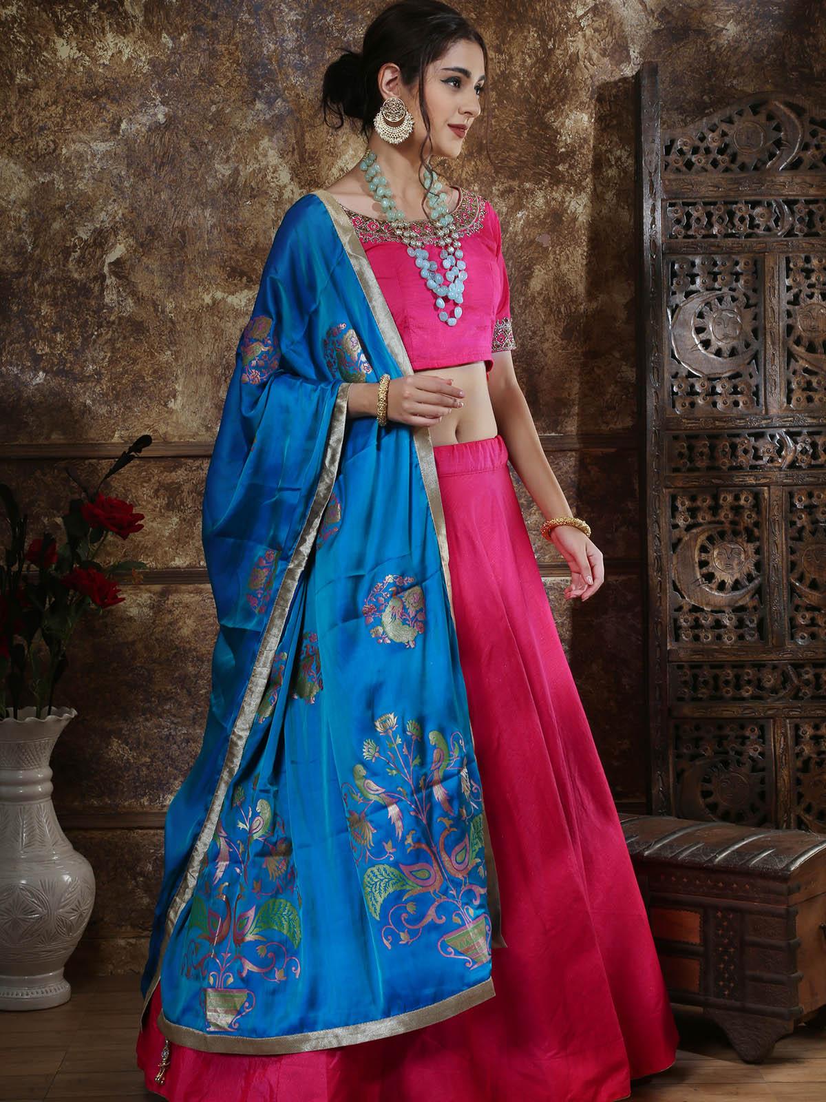 Odette Women Pink Mastani Silk Semi Stitched Lehenga With  Unstitched Blouse Set - Image 3
