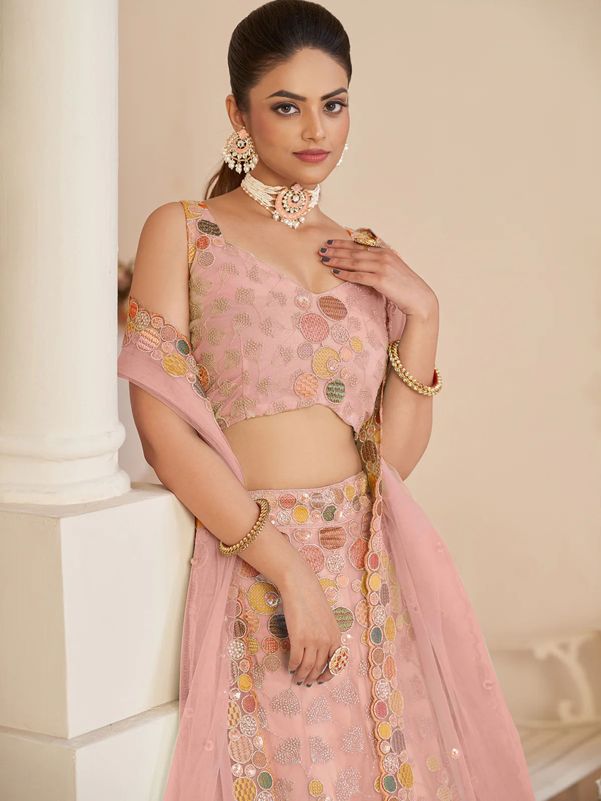 Odette Women Pink Net Embroidered Semi Stitched Lehenga With Unstitched Blouse - Image 3