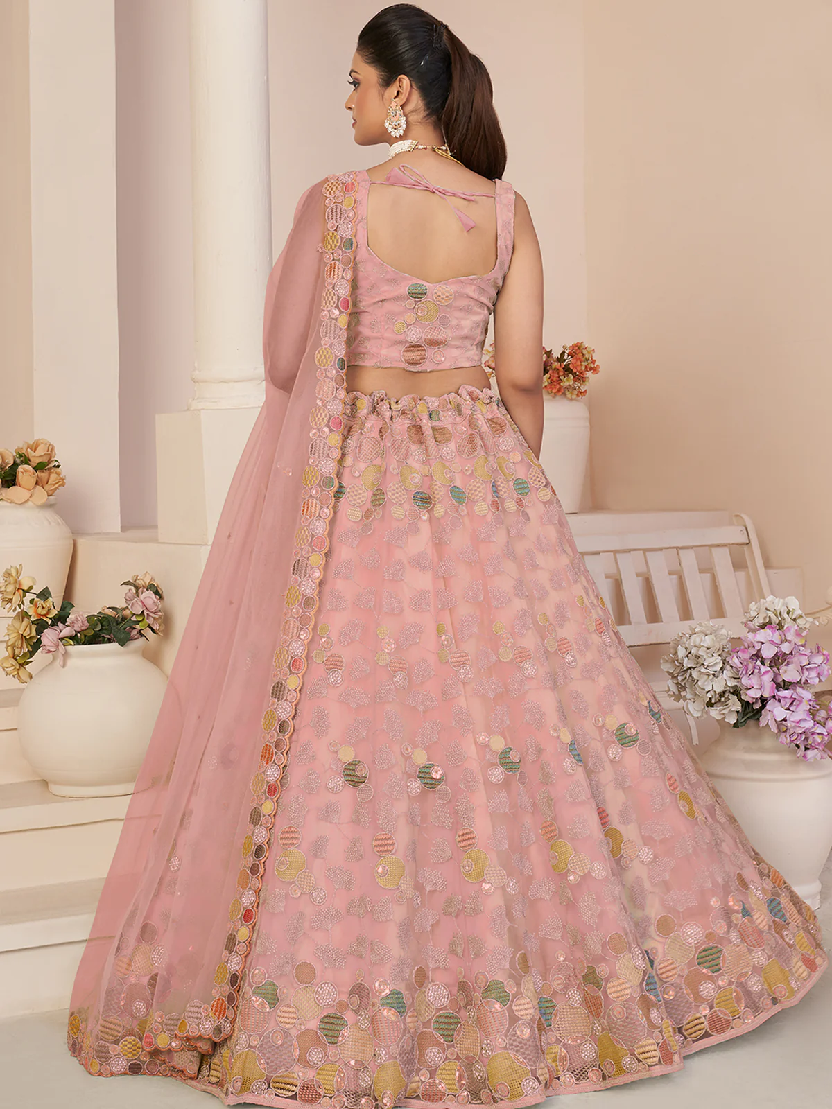 Odette Women Pink Net Embroidered Semi Stitched Lehenga With Unstitched Blouse - Image 4