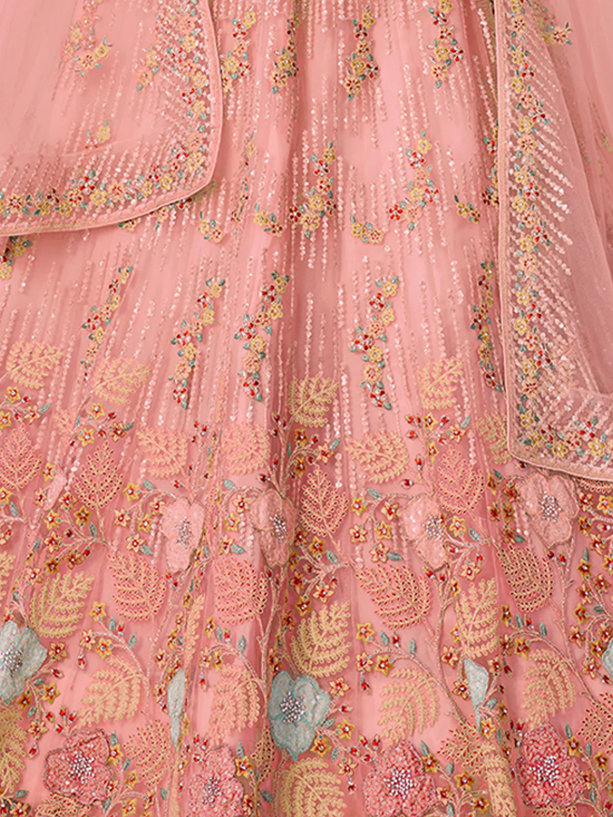 Odette Women Pink Net Embroidered Semi Stitched Lehenga With Unstitched Blouse - Image 5