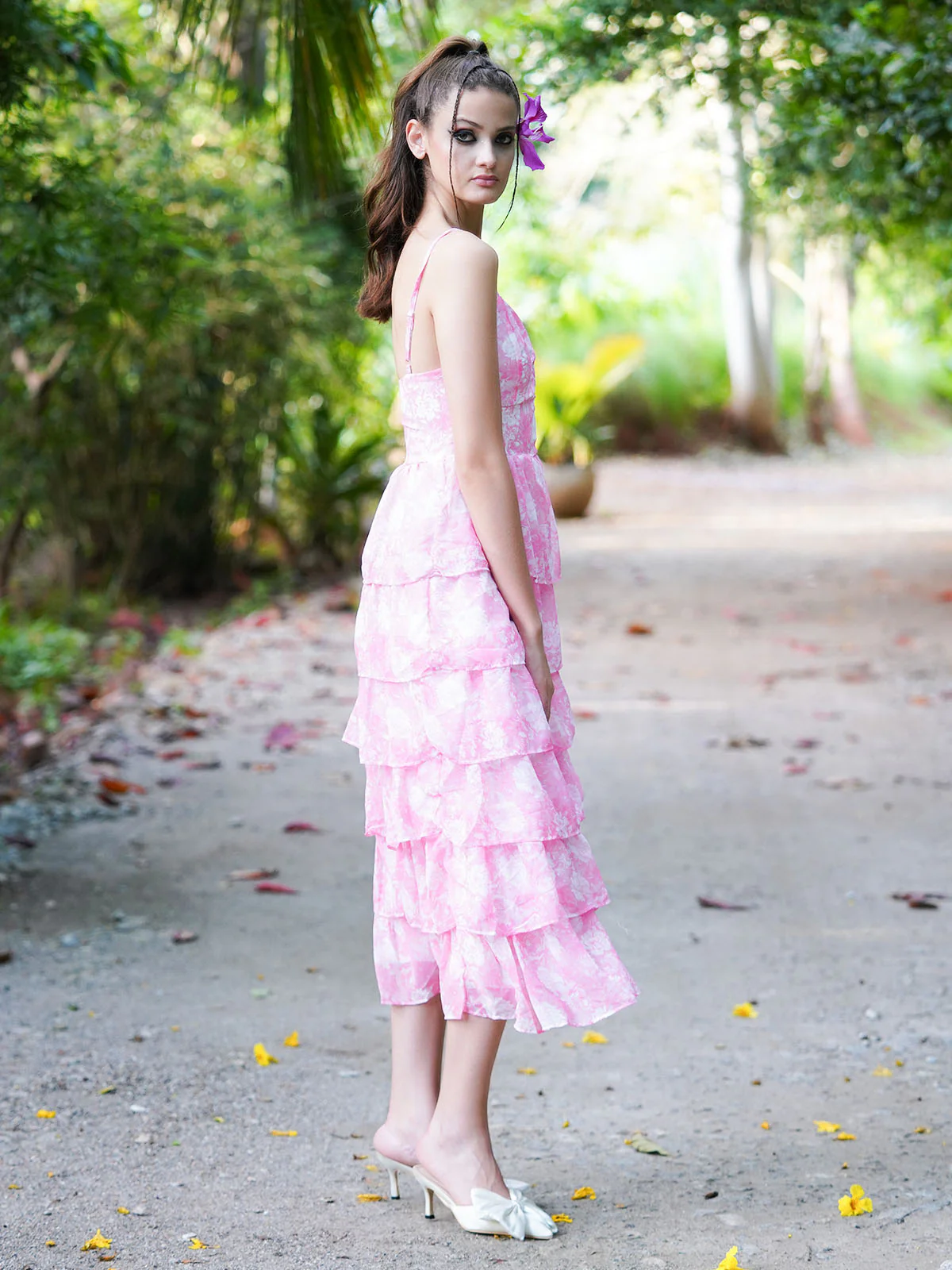 Odette Women Pink Printed Georgette Frilled Stitched Dress - Image 3