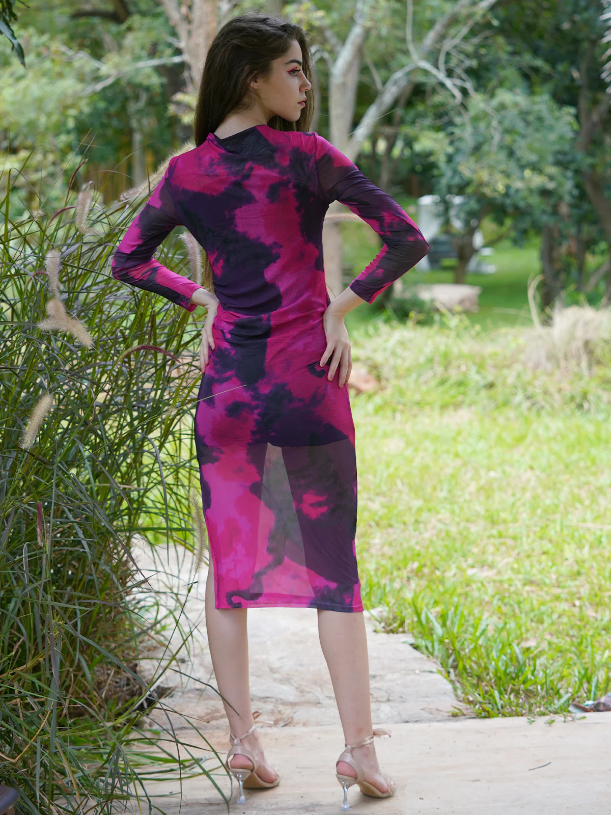 Odette Women Pink Printed Net Lycra Stitched Dress - Image 4