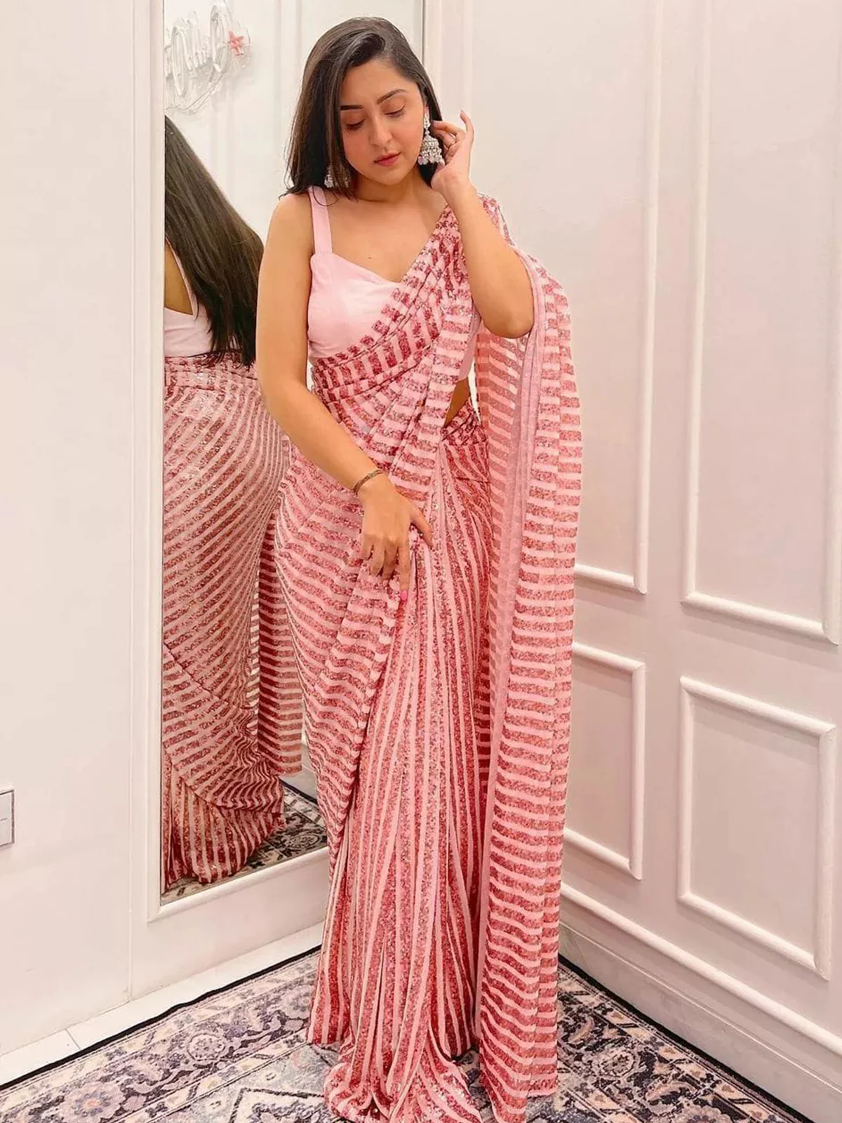 Odette Women Pink Sequin Georgette Saree With Unstitched Blouse - Image 3