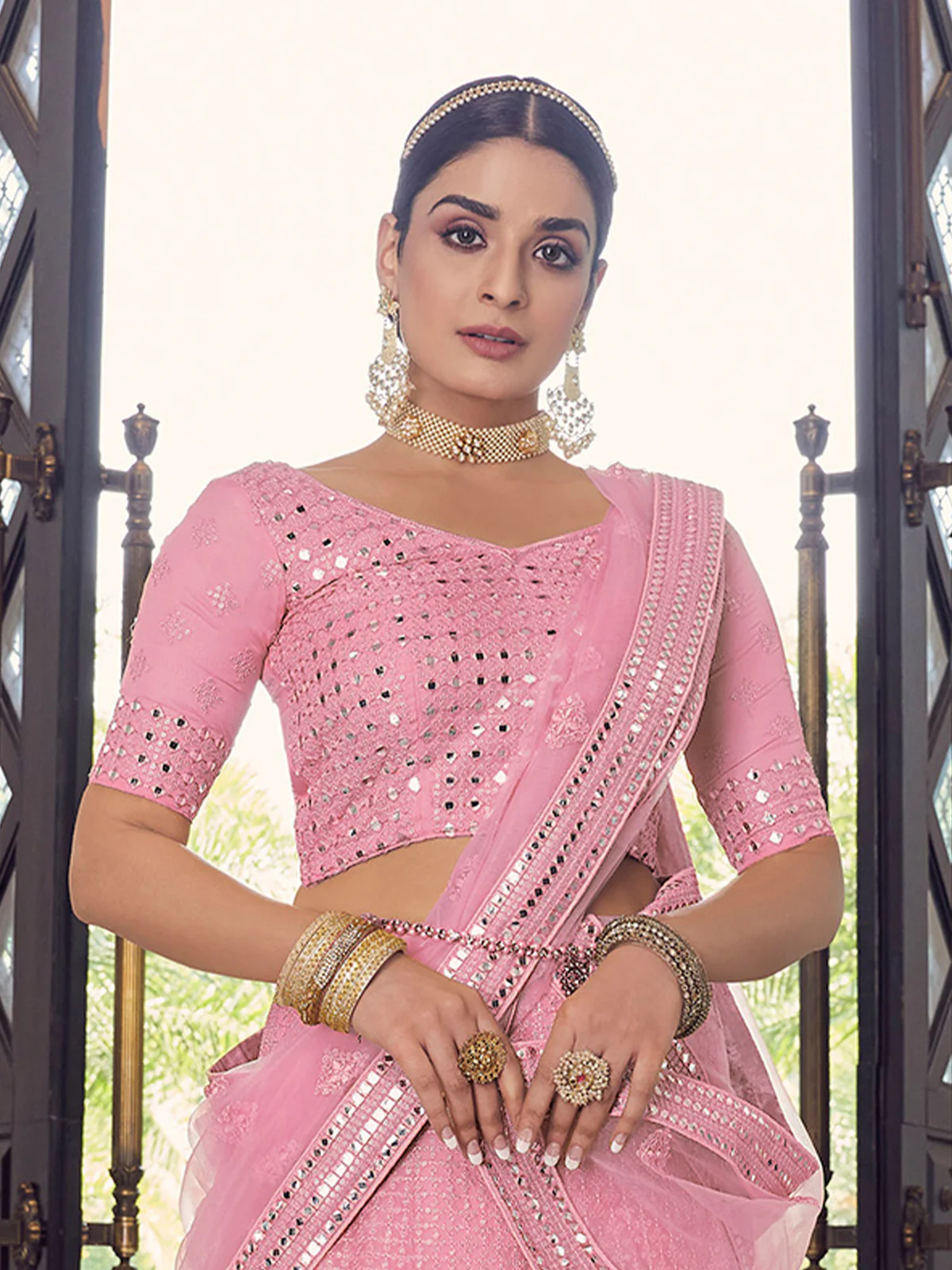 Odette Women Pink Embroidered Georgette Semi Stitched Lehenga With Unstitched Blouse - Image 2