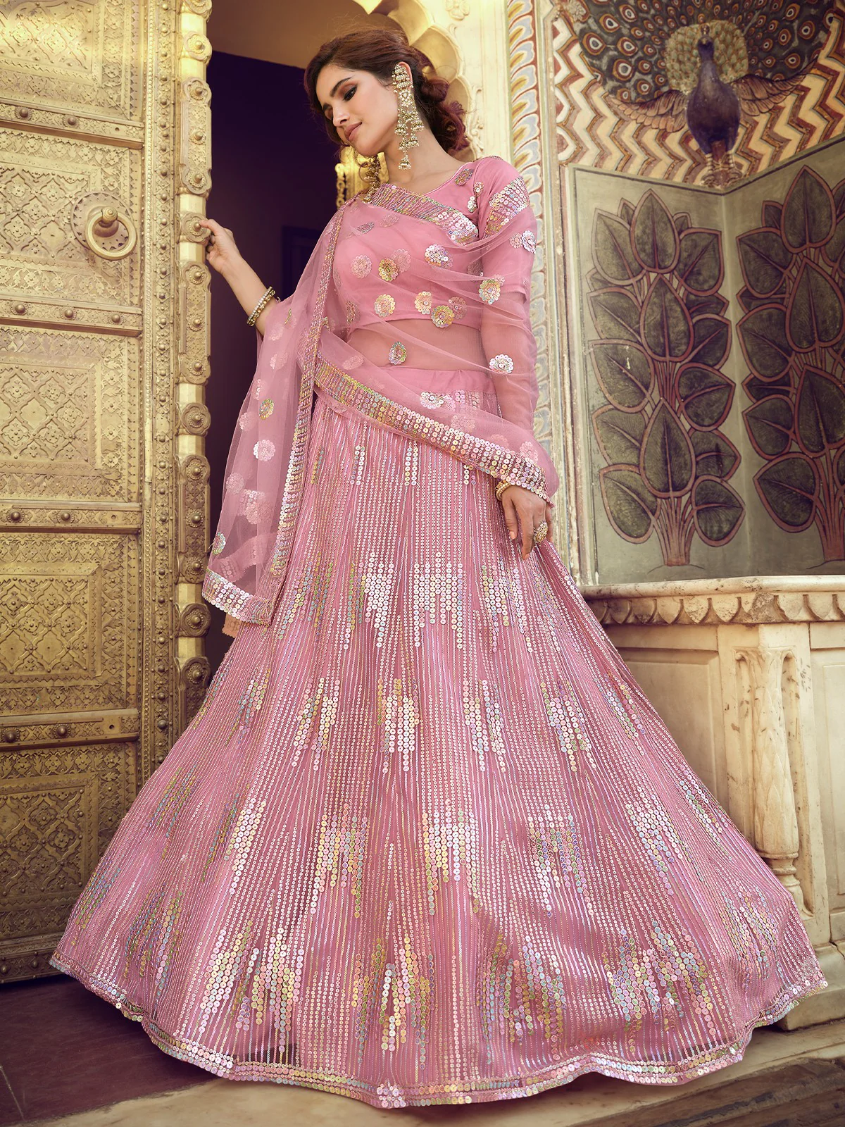 Odette Women Pink Sequins Semi Stitched Lehenga With Unstitched Blouse - Image 2