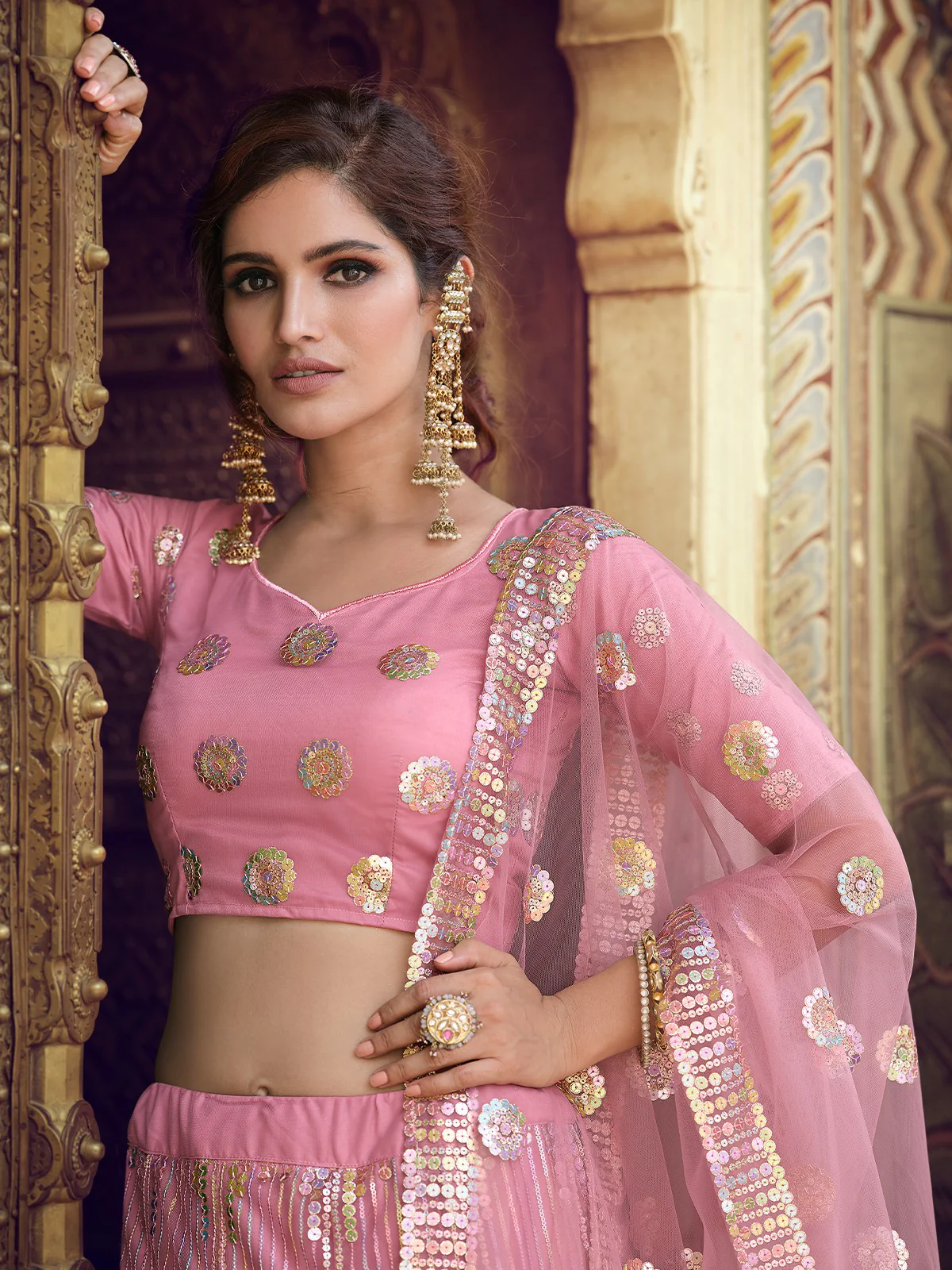 Odette Women Pink Sequins Semi Stitched Lehenga With Unstitched Blouse - Image 3