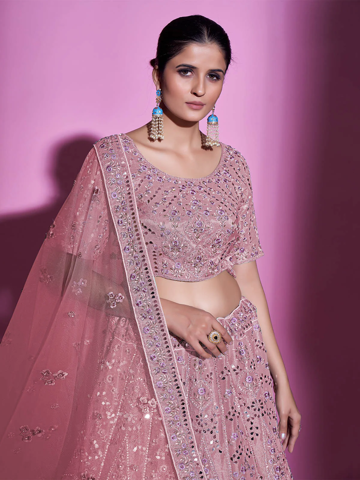 Odette Women Pink Silk Blend Embroidered Semi Stitched Lehenga With Unstitched Blouse - Image 6