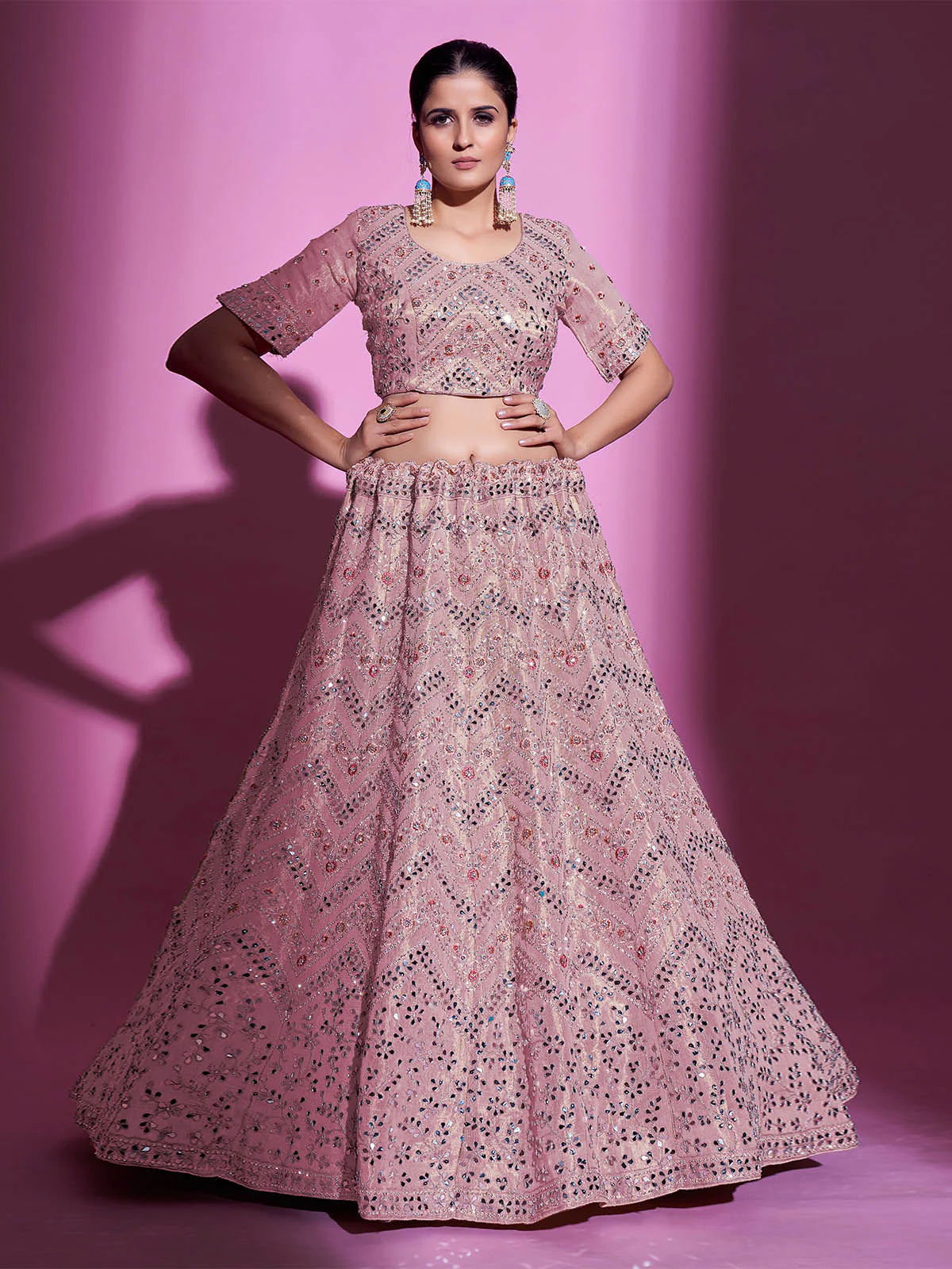 Odette Women Pink Silk Blend Embroidered Semi Stitched Lehenga With Unstitched Blouse - Image 4