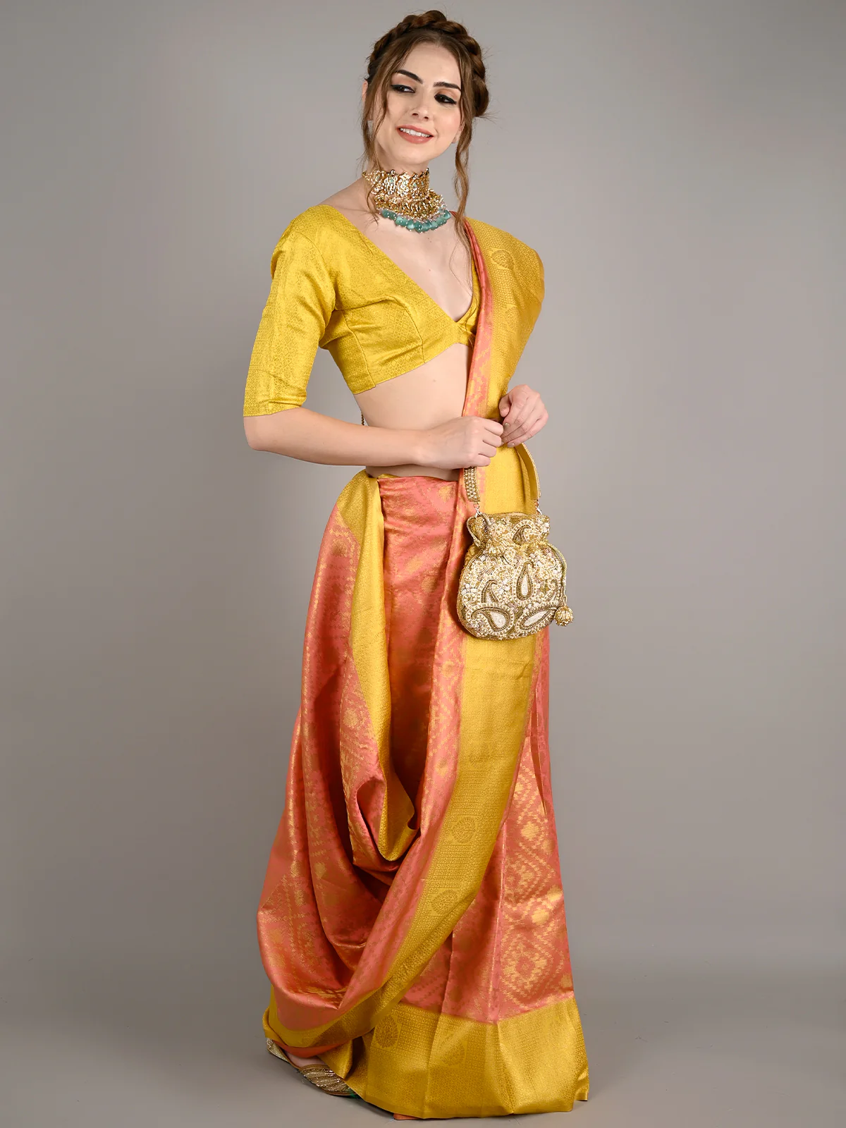 Odette Women Orange and Yellow Silk Handloom Weaving Saree With Unstitched Blouse - Image 2