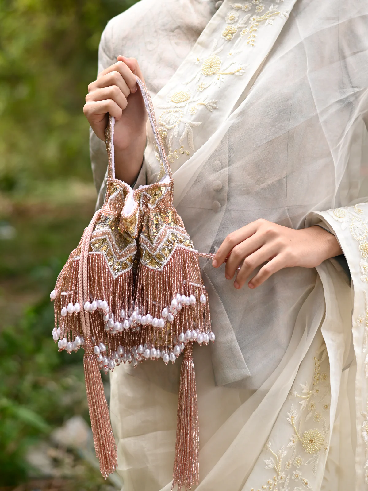 Odette Women Pink Tassel Potli Bag - Image 2