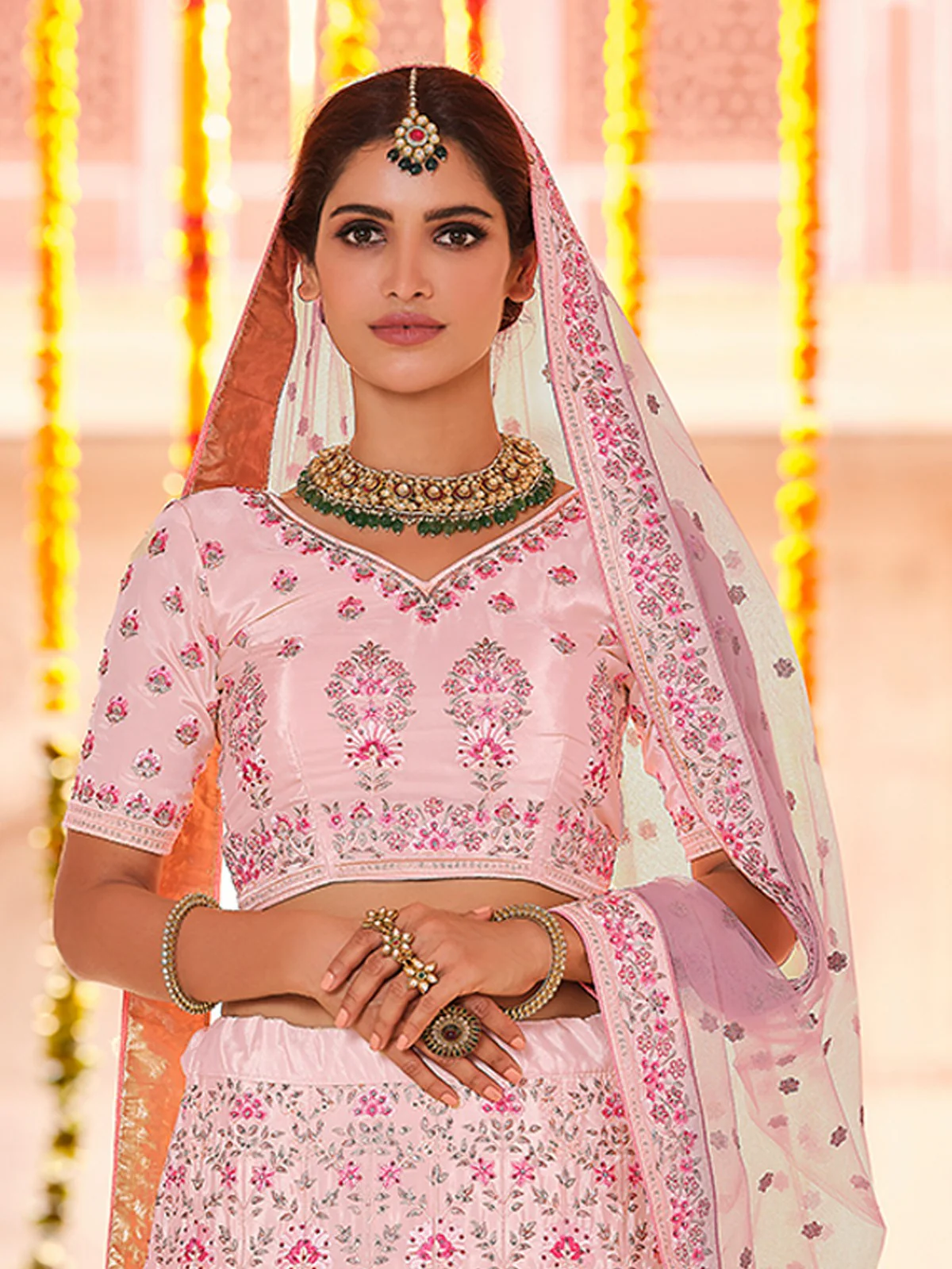 Odette Women Pink Crepe Semi Stitched Lehenga With Unstitched Blouse - Image 2