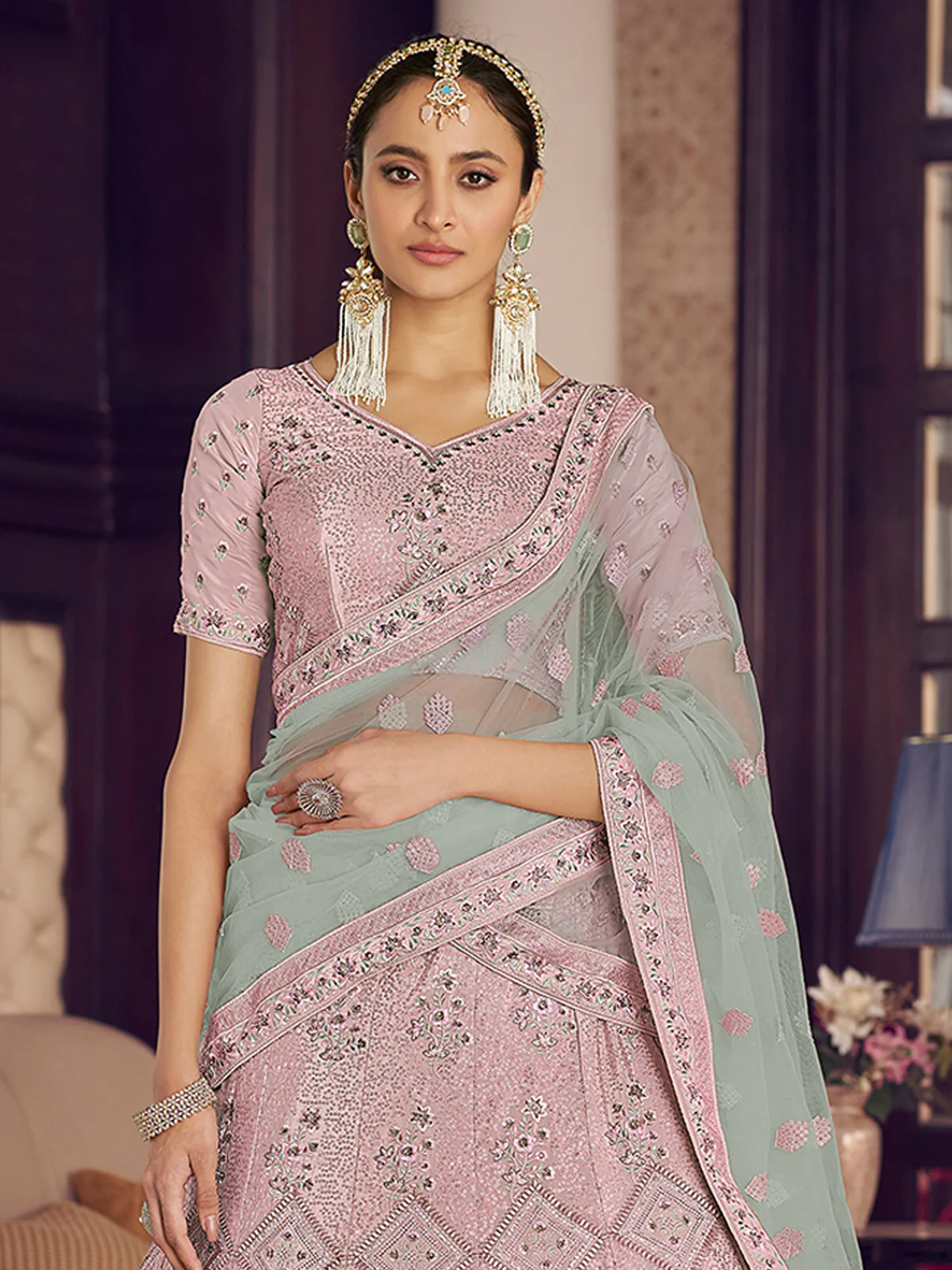 Odette Women Pink Embroidered Semi Stitched Lehenga With Unstitched Blouse - Image 2