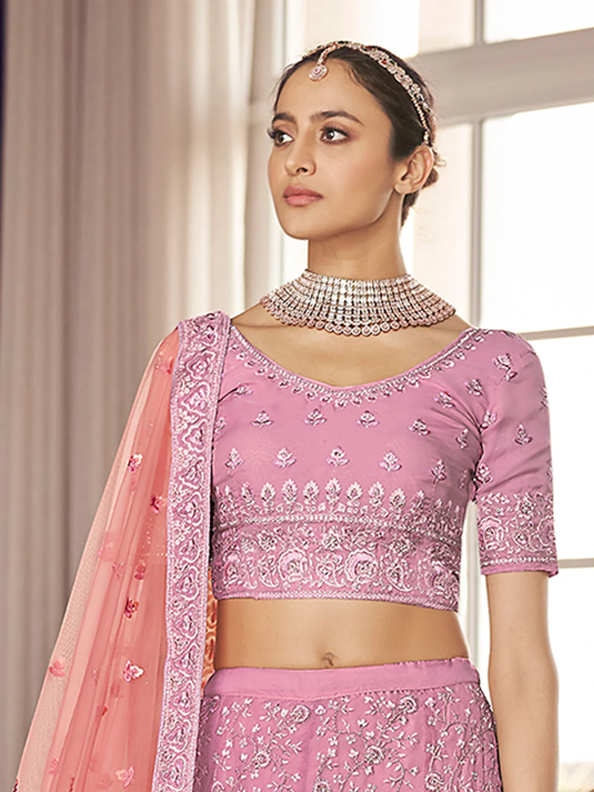 Odette Women Pink Embroidered Organza Semi Stitched Lehenga With Unstitched Blouse - Image 2
