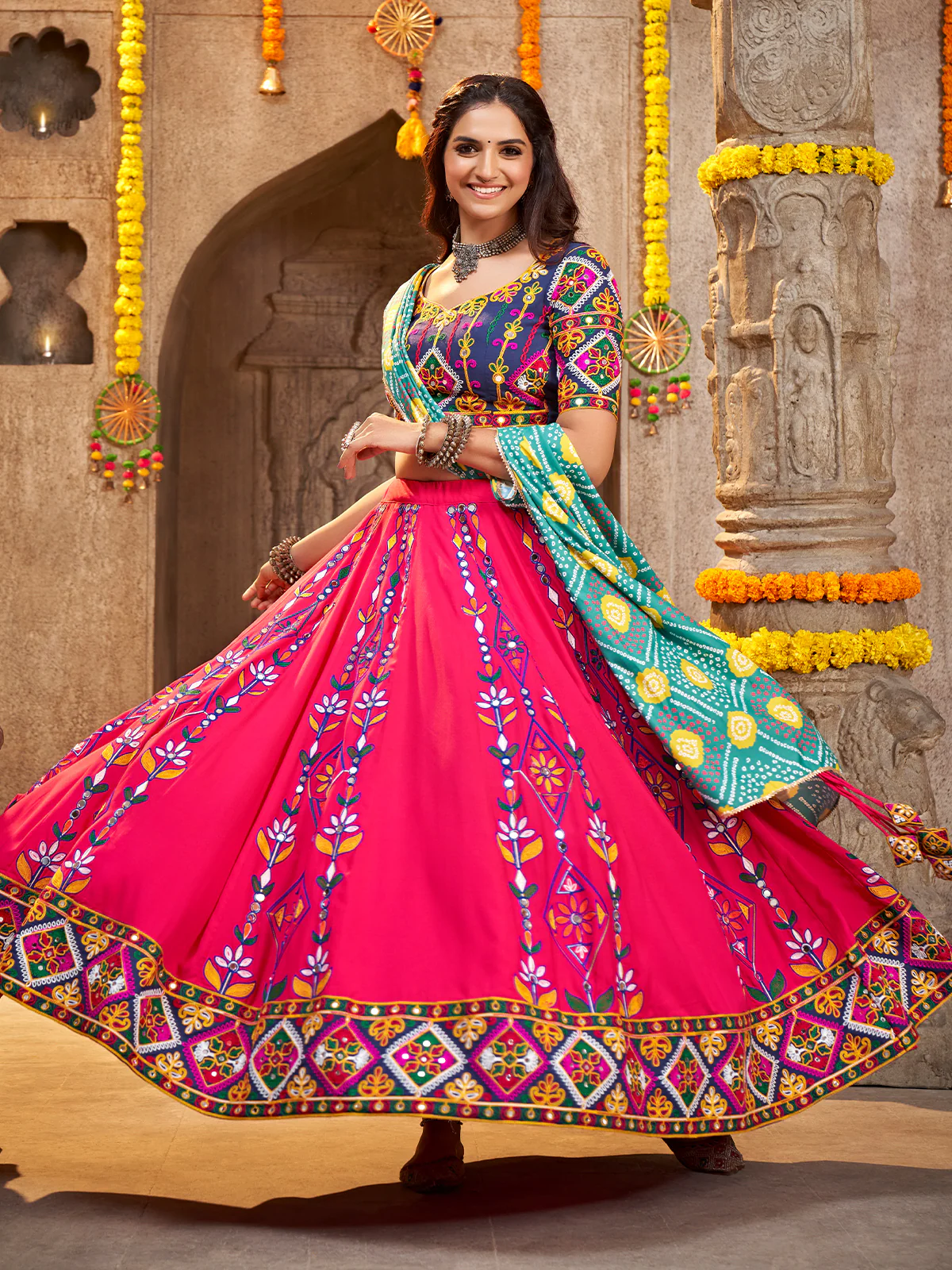 Odette Pink Viscose Rayon Embroidered Semi Stitched Lehenga Choli For Women - Image 2