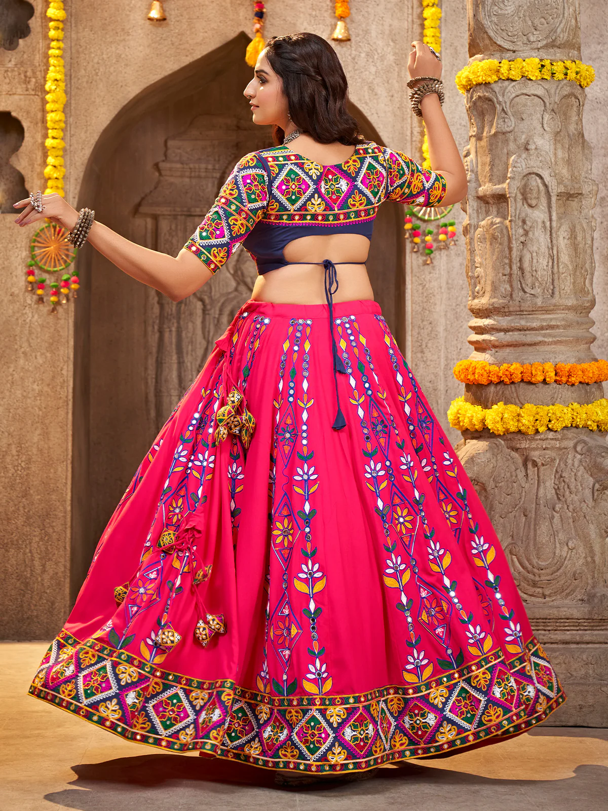 Odette Pink Viscose Rayon Embroidered Semi Stitched Lehenga Choli For Women - Image 3