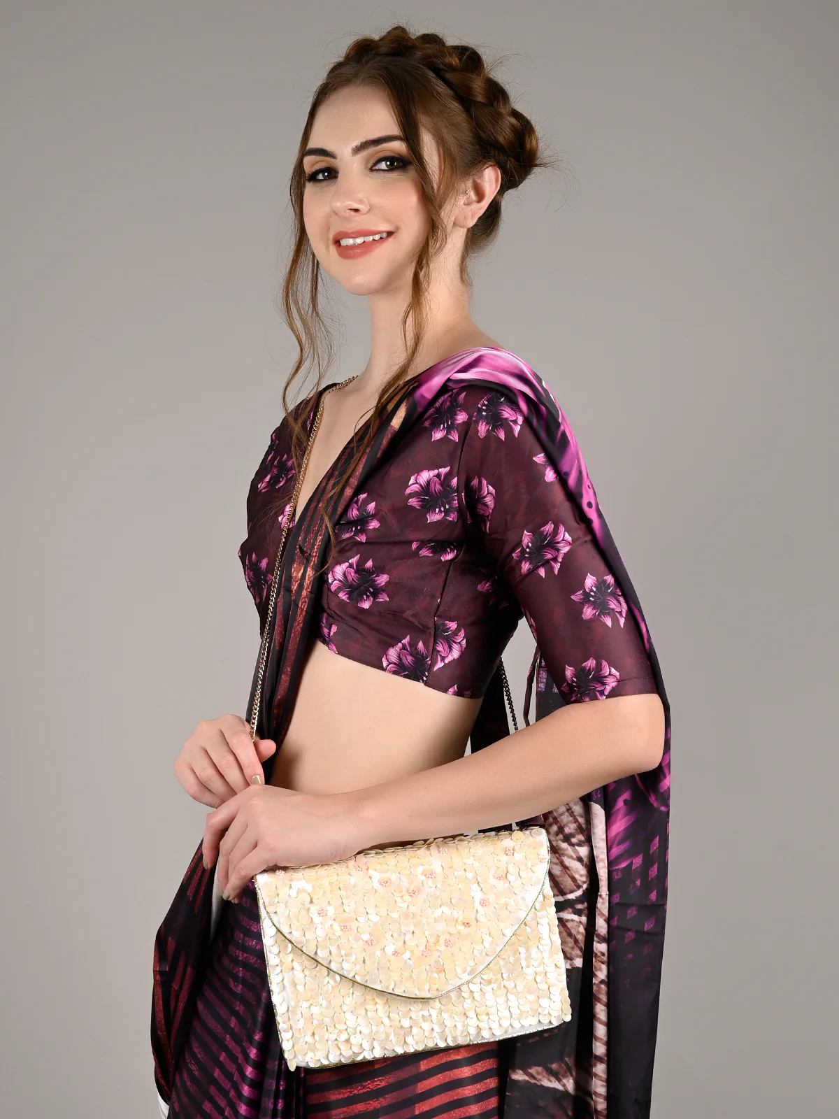 Odette Women Pink-White Floral Envelope Clutch - Image 2