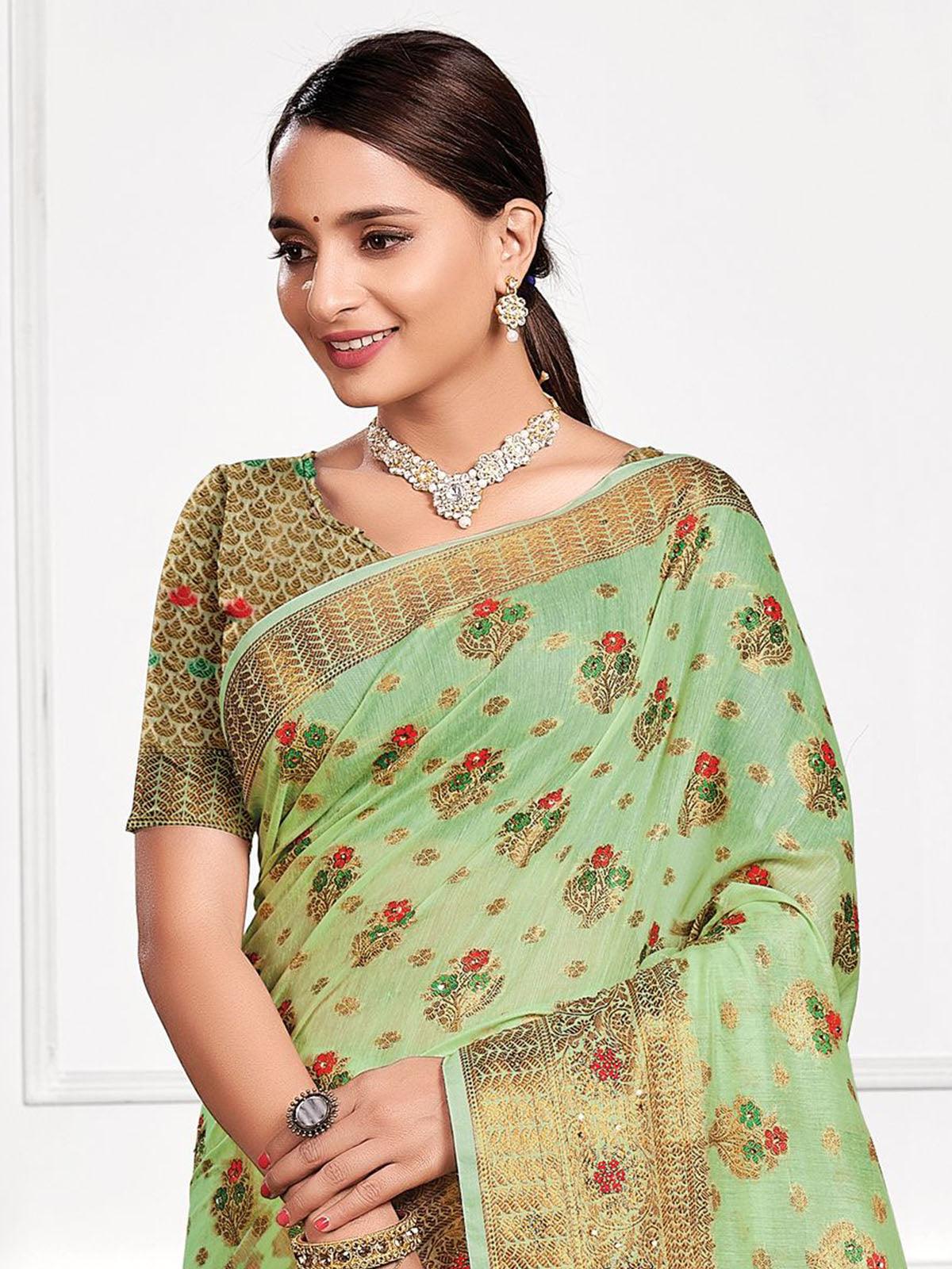 Odette Women Pista Cotton Heavy Jari Wevon Designer Stone Saree With Unstitched Blouse - Image 2