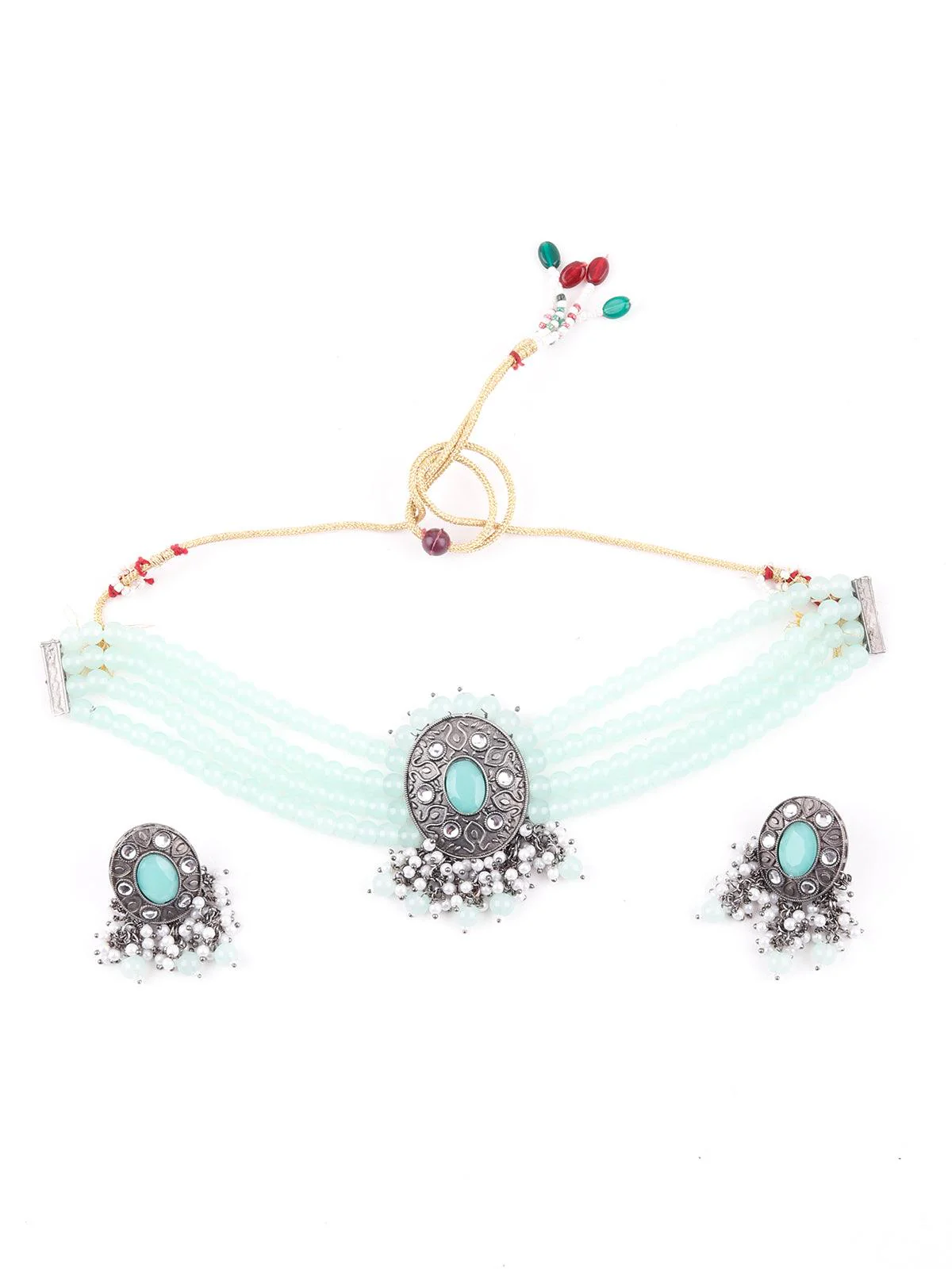 Odette Women Delightful Aqua Green Crystal Choker Necklace Set - Image 3