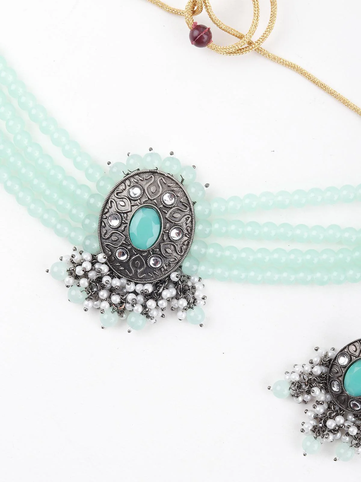 Odette Women Delightful Aqua Green Crystal Choker Necklace Set - Image 4