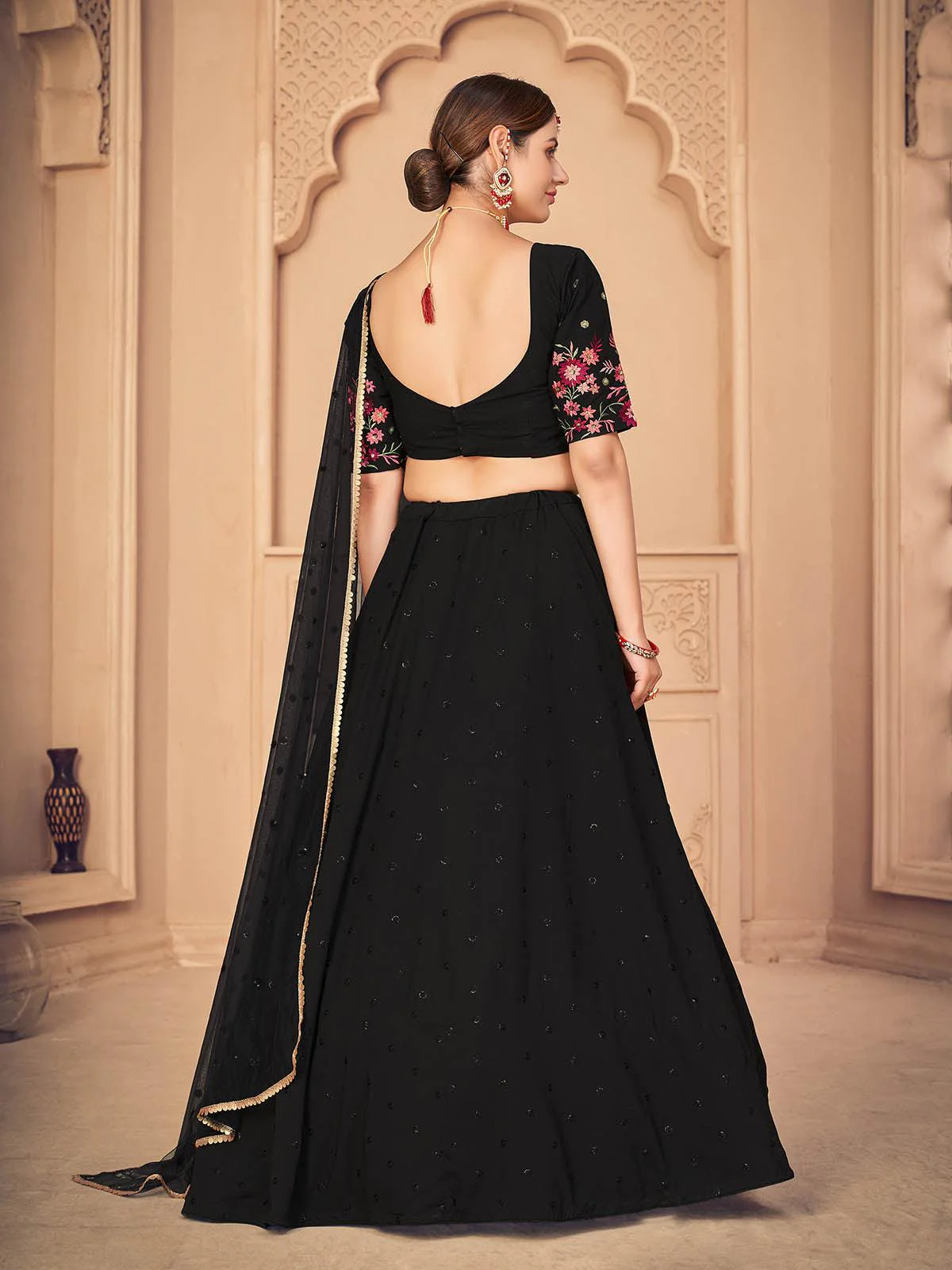 Odette Women Pretty Black Georgette Semi Stitched Lehenga With  Unstitched Blouse - Image 2