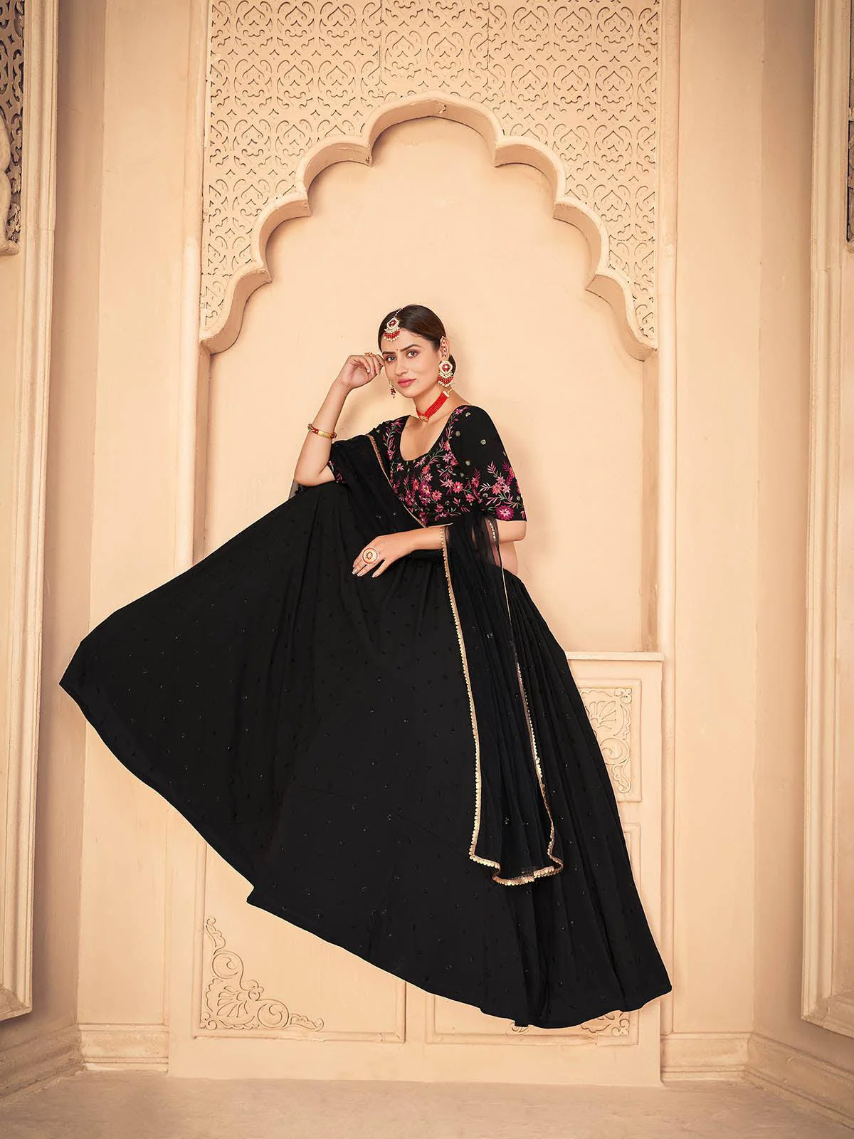 Odette Women Pretty Black Georgette Semi Stitched Lehenga With  Unstitched Blouse - Image 3