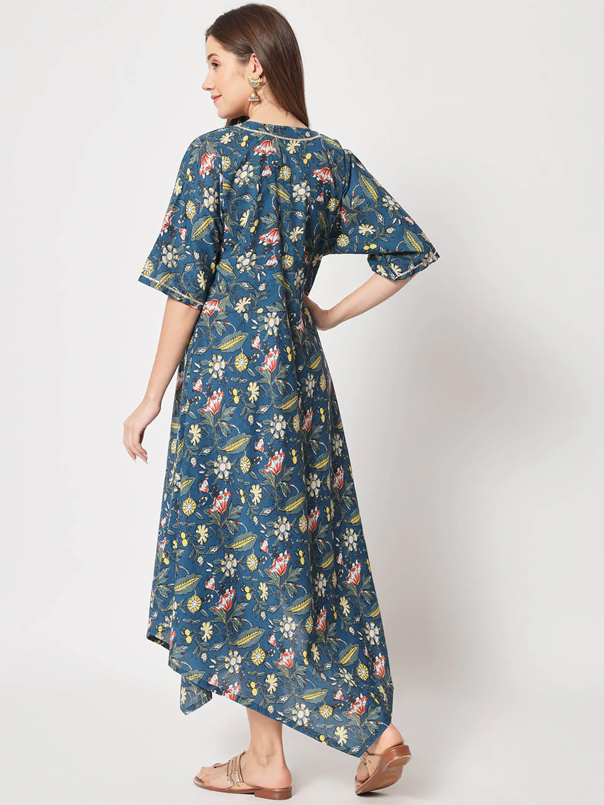 Odette Women Pretty Blue Cotton Printed Stitched Kurta - Image 5