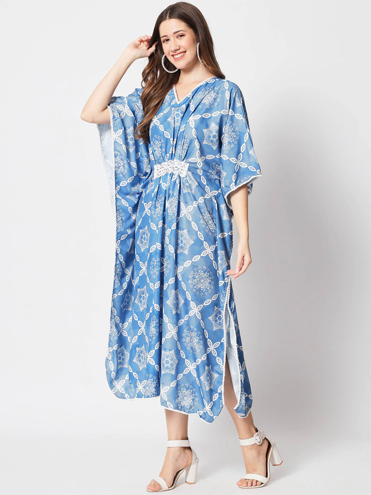 Odette Women Pretty Blue Polyster Printed Stitched Kurta - Image 2