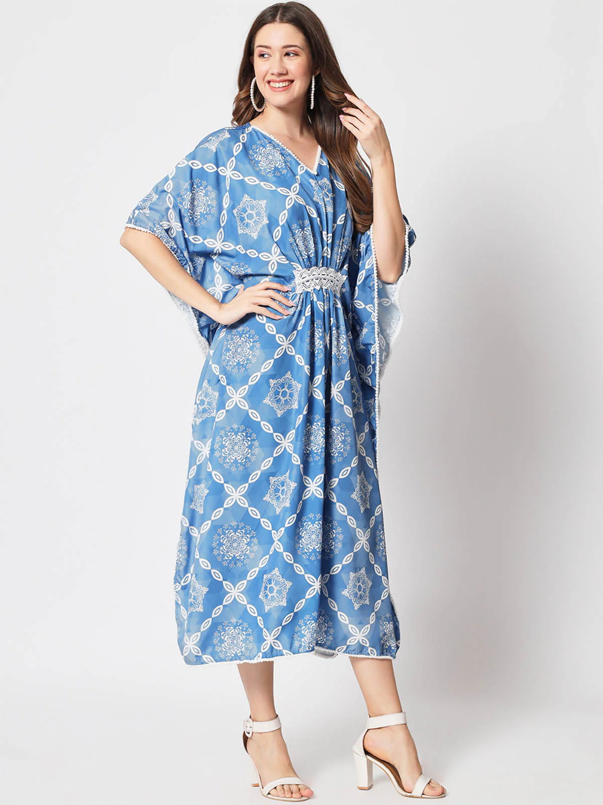Odette Women Pretty Blue Polyster Printed Stitched Kurta - Image 4