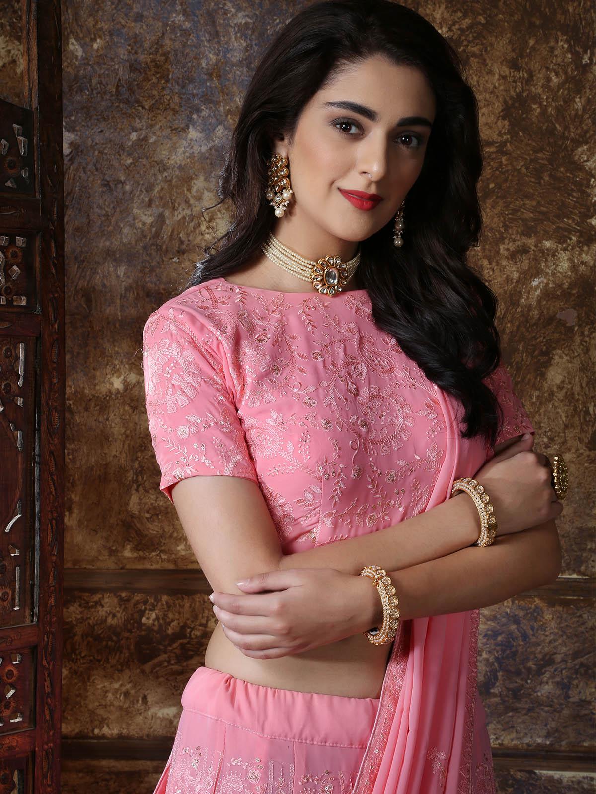 Odette Women Pretty Dusty Pink Georgette Semi Stitched Lehenga With  Unstitched Blouse - Image 4