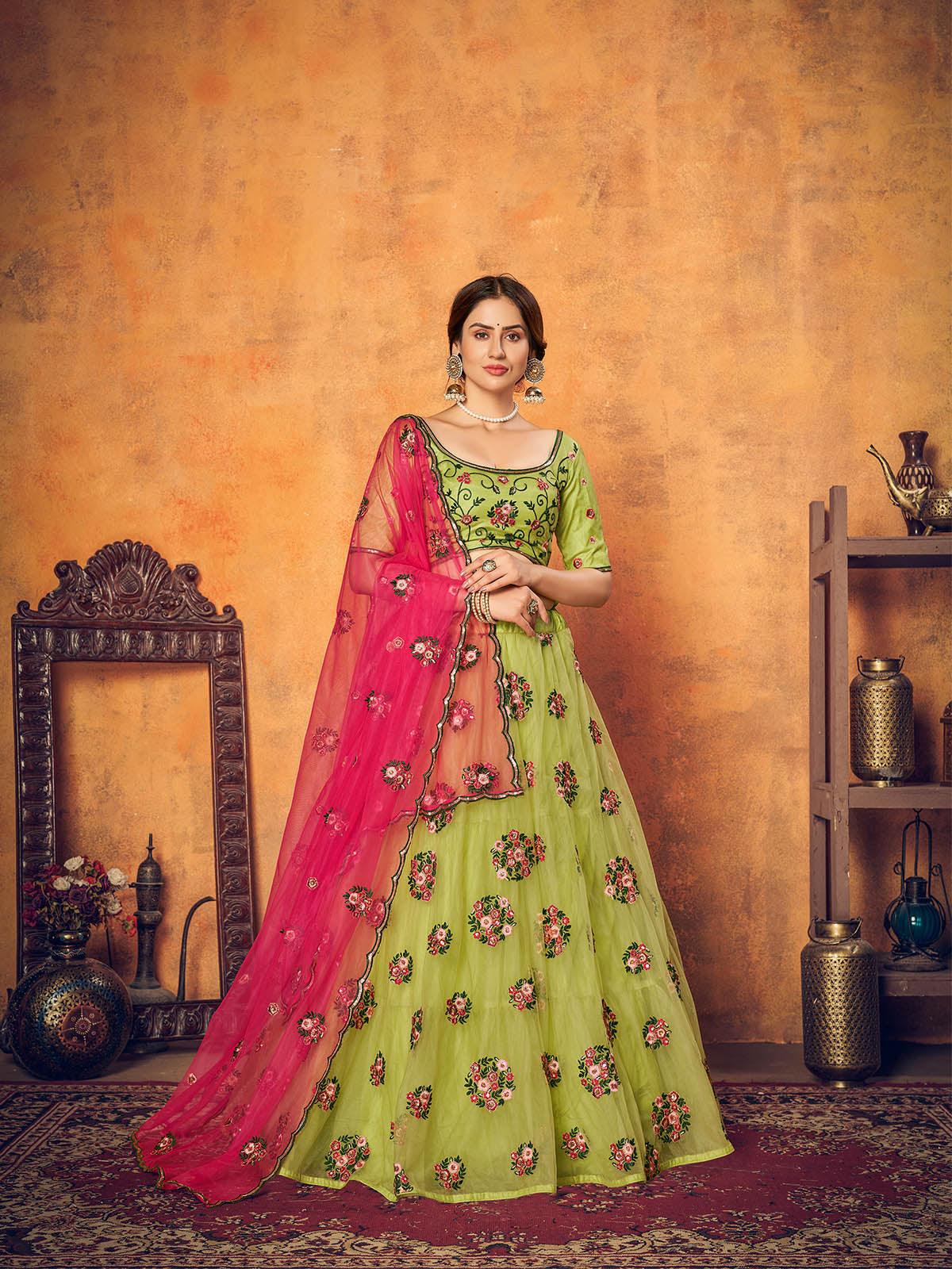 Odette Women Pretty Florescent Green Net Semi Stitched Lehenga With  Unstitched Blouse - Image 3