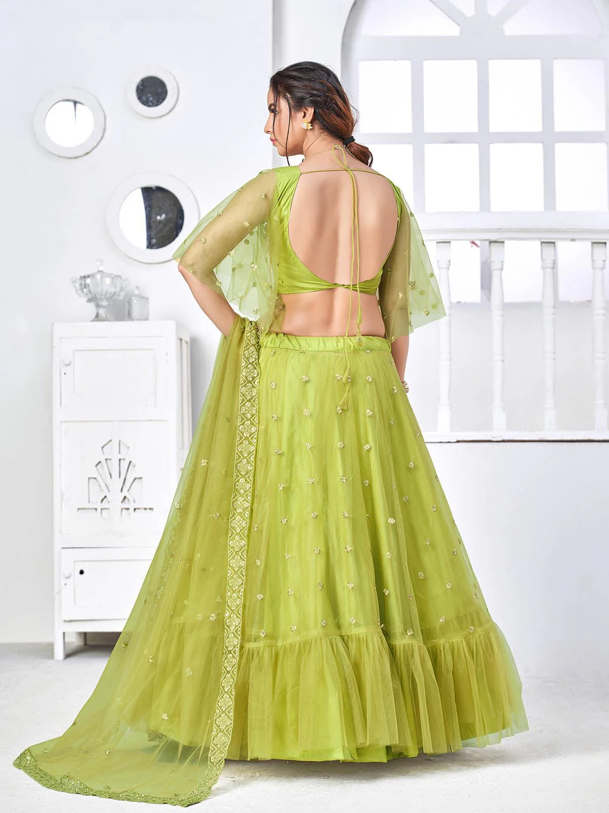 Odette Women Pretty Fluorescent Green Net Semi Stitched Lehenga With Unstitched Blouse - Image 2