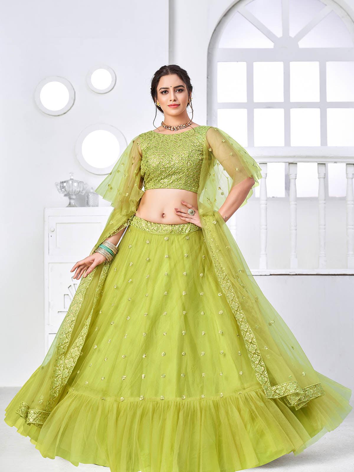 Odette Women Pretty Fluorescent Green Net Semi Stitched Lehenga With Unstitched Blouse - Image 3