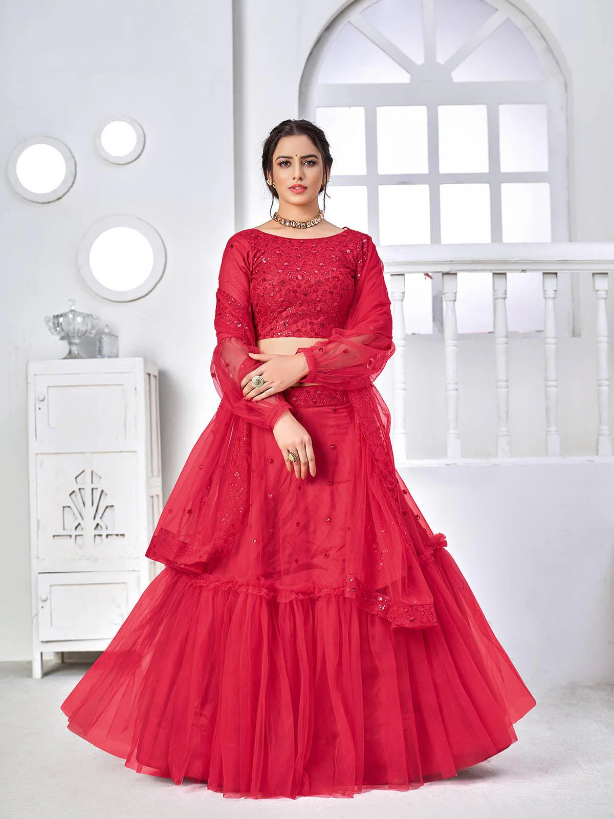 Odette Women Pretty Fuschia Pink Net Semi Stitched Lehenga With  Unstitched Blouse - Image 3