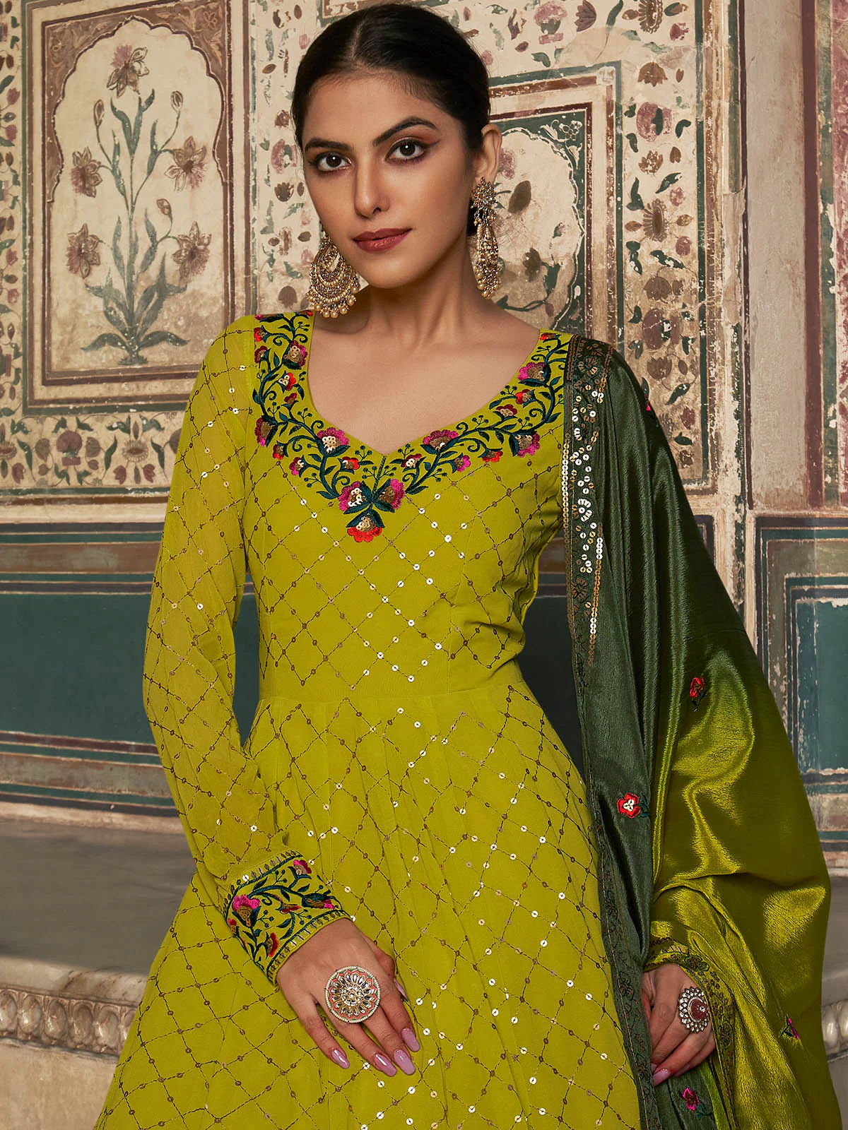 Odette Women Pretty Green Georgette Semi Stitched Gown - Image 3