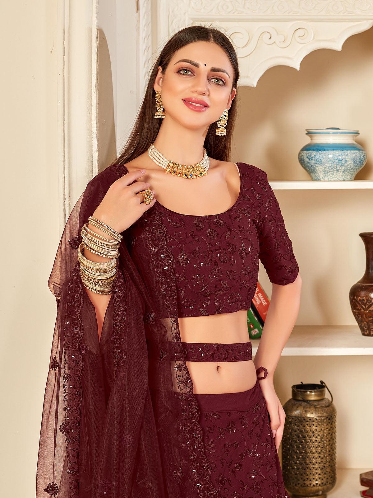 Odette Women Pretty Maroon Georgette Semi Stitched Lehenga With  Unstitched Blouse - Image 4