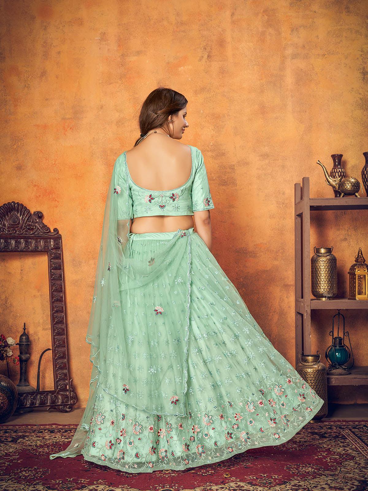 Odette Women Pretty Mint Green Net Semi Stitched Lehenga With  Unstitched Blouse - Image 3